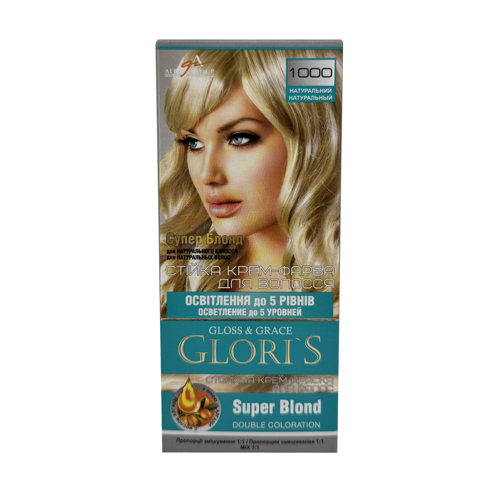 Стійка крем-фарба для волосся Glori's Gloss & Grace для двох застосувань, 1000 Суперблонд натуральний, 130 мл
Стійка крем-фарба для волосся Glori's Gloss & Grace для двох застосувань, 1000 Суперблонд натуральний, 130 мл