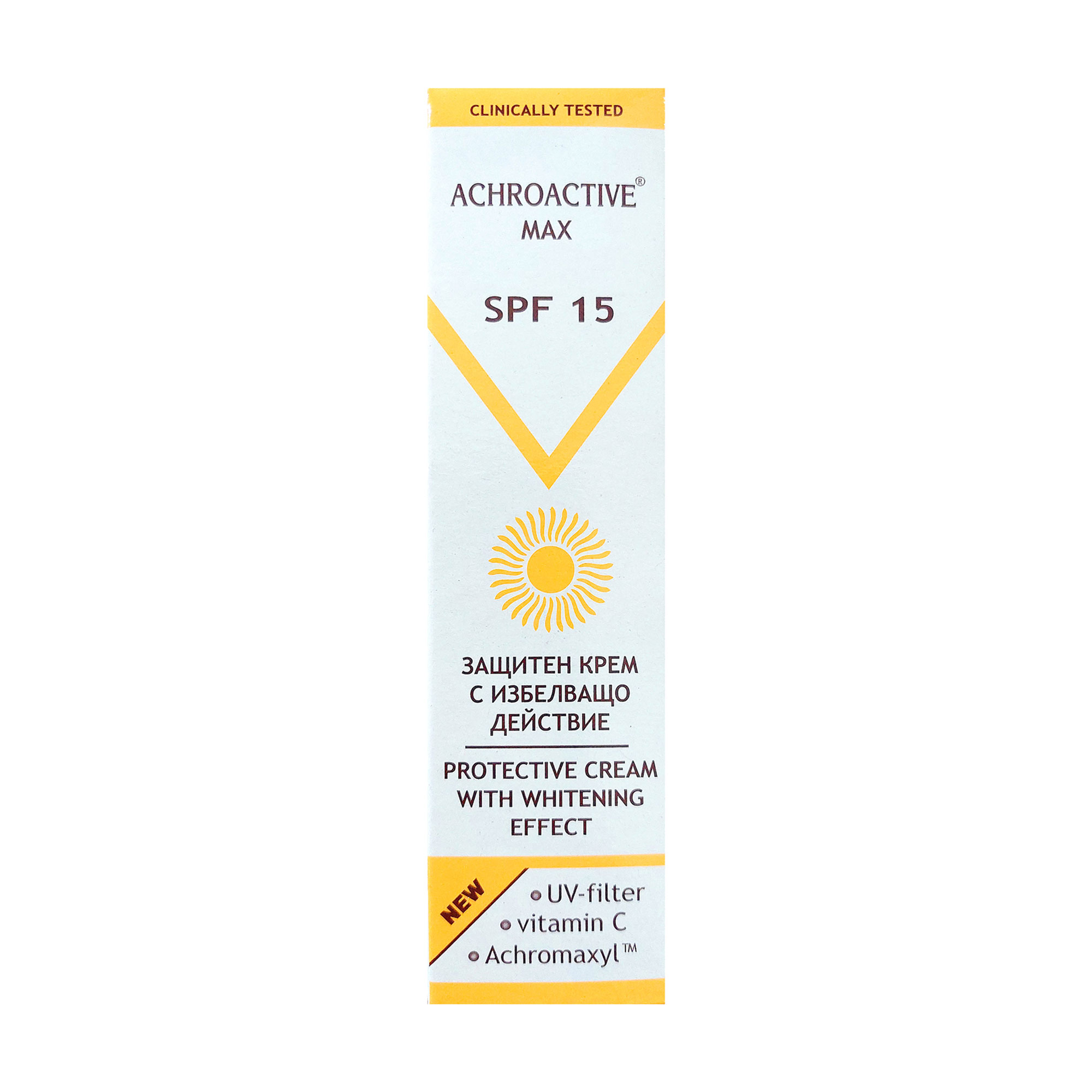 Захисний відбілювальний крем для обличчя Achroactive Мах Protective Cream With Whitening Effect, SPF 15, 45 мл
Захисний відбілювальний крем для обличчя Achroactive Мах Protective Cream With Whitening Effect, SPF 15, 45 мл