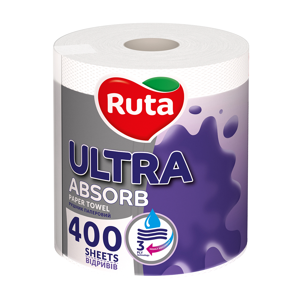 Паперові рушники Ruta Ultra, 3-шарові, 400 відривів, білі, 1 рулон
Паперові рушники Ruta Ultra, 3-шарові, 400 відривів, білі, 1 рулон