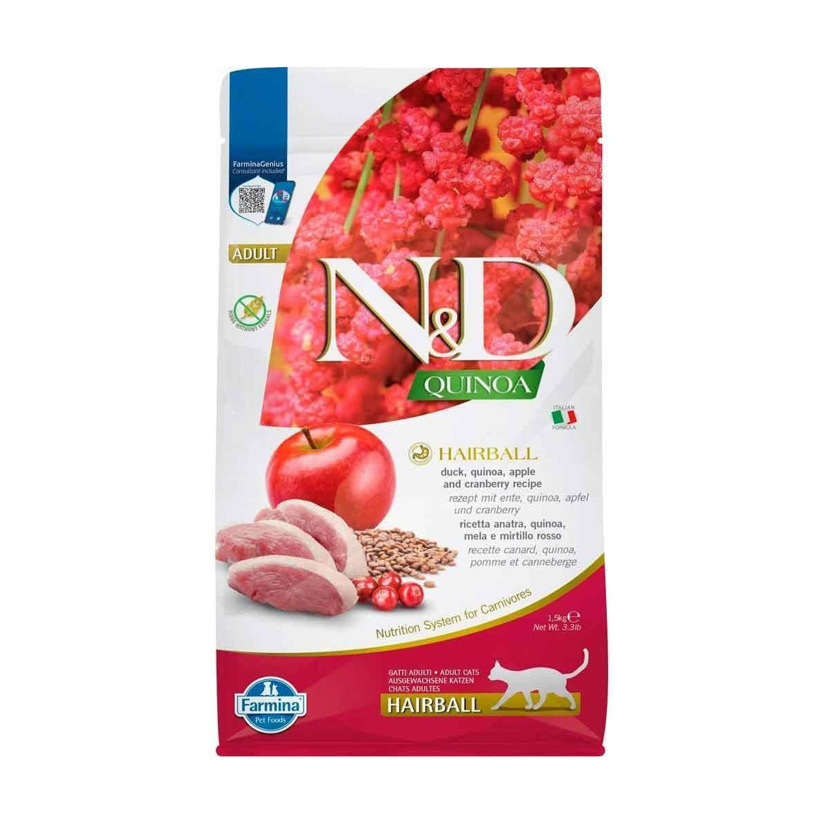 Беззерновий сухий корм для дорослих котів Farmina N&D Quinoa Hairball Adult для виведення шерсті, з качкою, кіноа, яблуком та журавлиною, 1.5 кг
Беззерновий сухий корм для дорослих котів Farmina N&D Quinoa Hairball Adult для виведення шерсті, з качкою, кіноа, яблуком та журавлиною, 1.5 кг