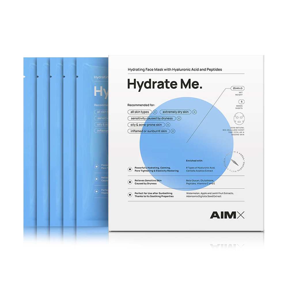 Тканинна маска для обличчя AIMX Hydrate Me Face Mask With Hyaluronic Acid And Peptides, 5*25 мл
Тканинна маска для обличчя AIMX Hydrate Me Face Mask With Hyaluronic Acid And Peptides, 5*25 мл
