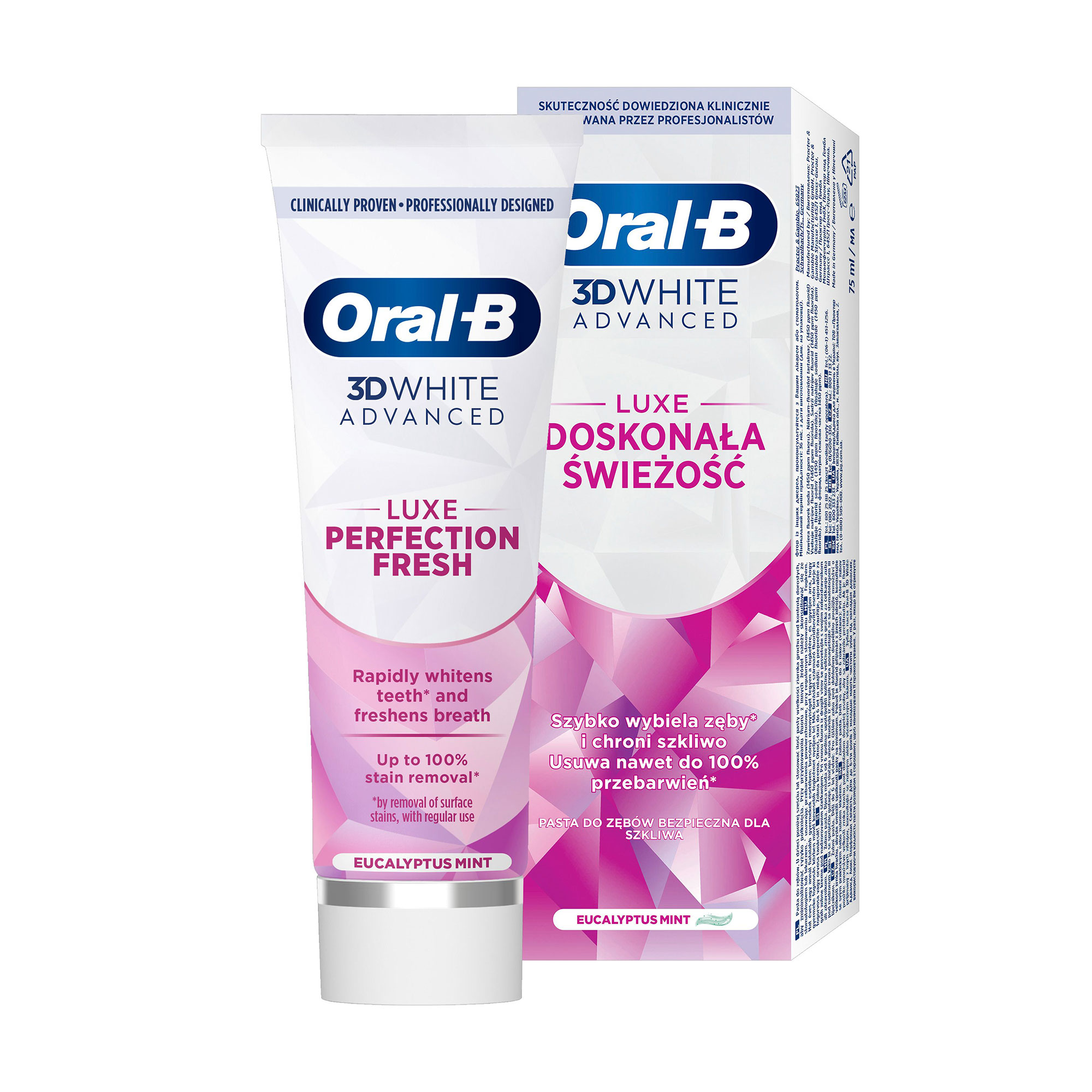 Зубна паста Oral-B 3D White Advanced Luxe Perfection Cвіжість м'яти та евкаліпта, 75 мл
Зубна паста Oral-B 3D White Advanced Luxe Perfection Cвіжість м'яти та евкаліпта, 75 мл