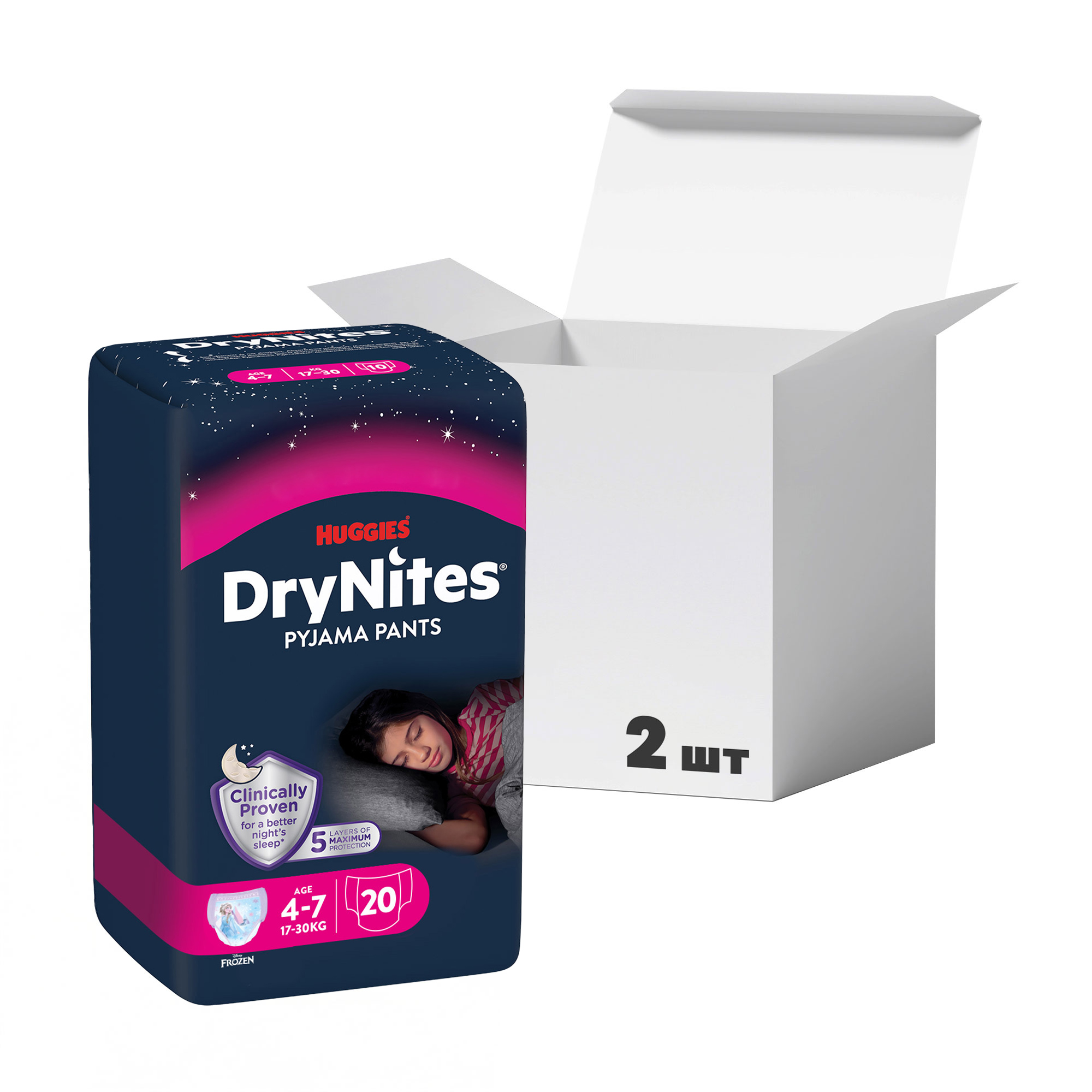 Упаковка нічних підгузків-трусиків Huggies DryNites для дівчаток, 4-7 років (17-30 кг), 10 шт * 2 шт
Упаковка нічних підгузків-трусиків Huggies DryNites для дівчаток, 4-7 років (17-30 кг), 10 шт * 2 шт