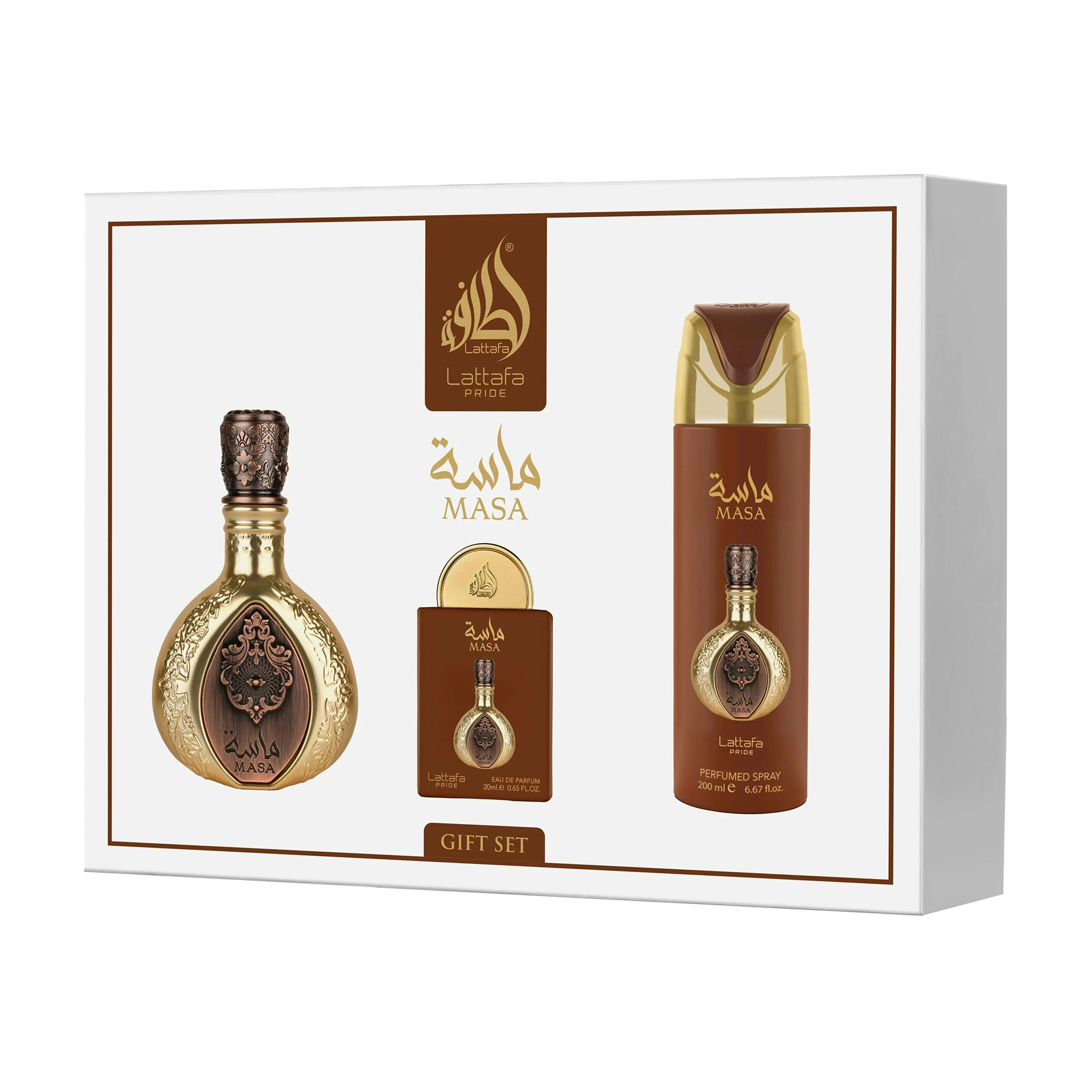 Парфумований набір унісекс Lattafa Perfumes Pride Masa (парфумована вода, 100 мл + парфумована вода, 20 мл + дезодорант, 200 мл)
Парфумований набір унісекс Lattafa Perfumes Pride Masa (парфумована вода, 100 мл + парфумована вода, 20 мл + дезодорант, 200 мл)