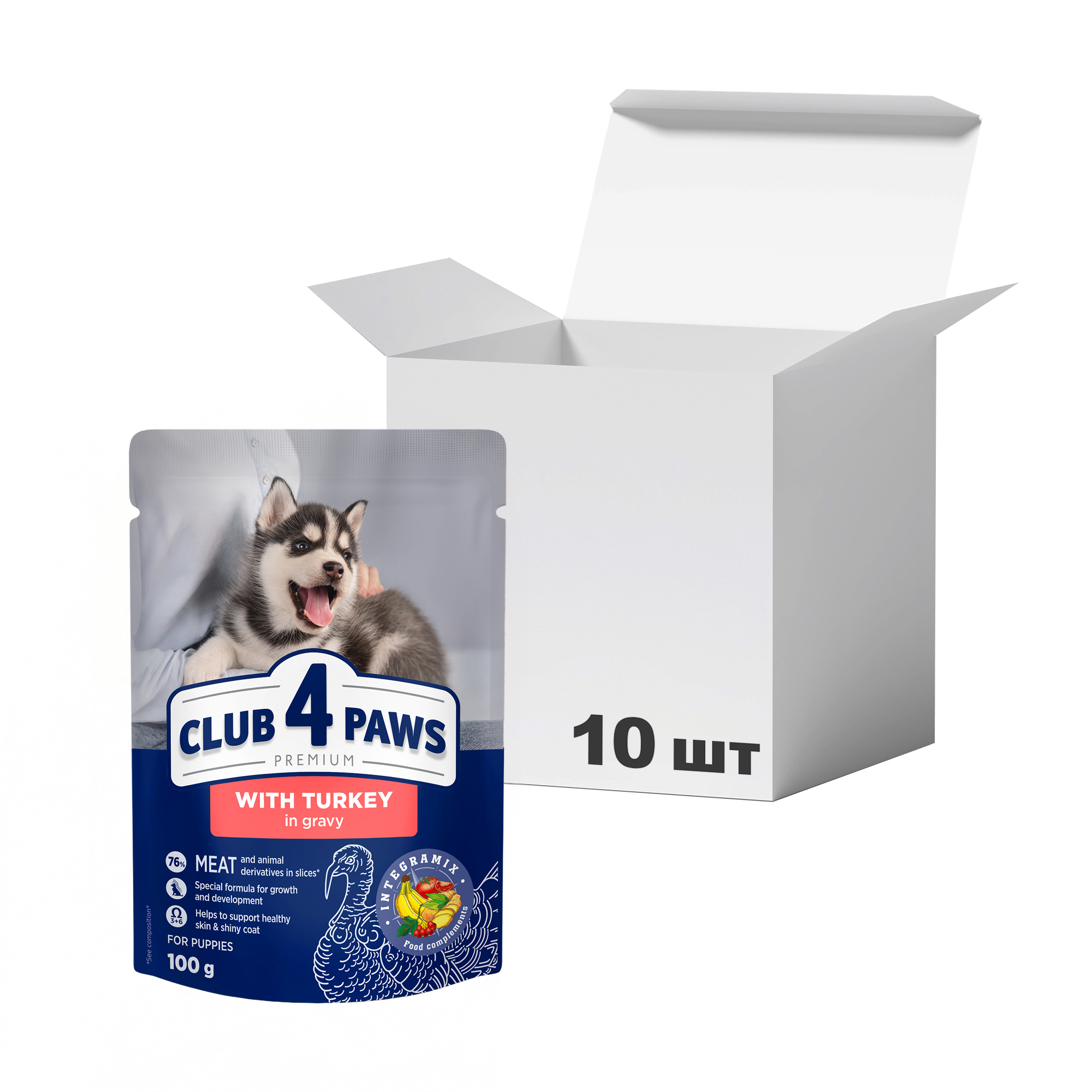 Упаковка вологого корму для цуценят Club 4 Paws Premium з індичкою в соусі, 100 г * 10 шт
Упаковка вологого корму для цуценят Club 4 Paws Premium з індичкою в соусі, 100 г * 10 шт