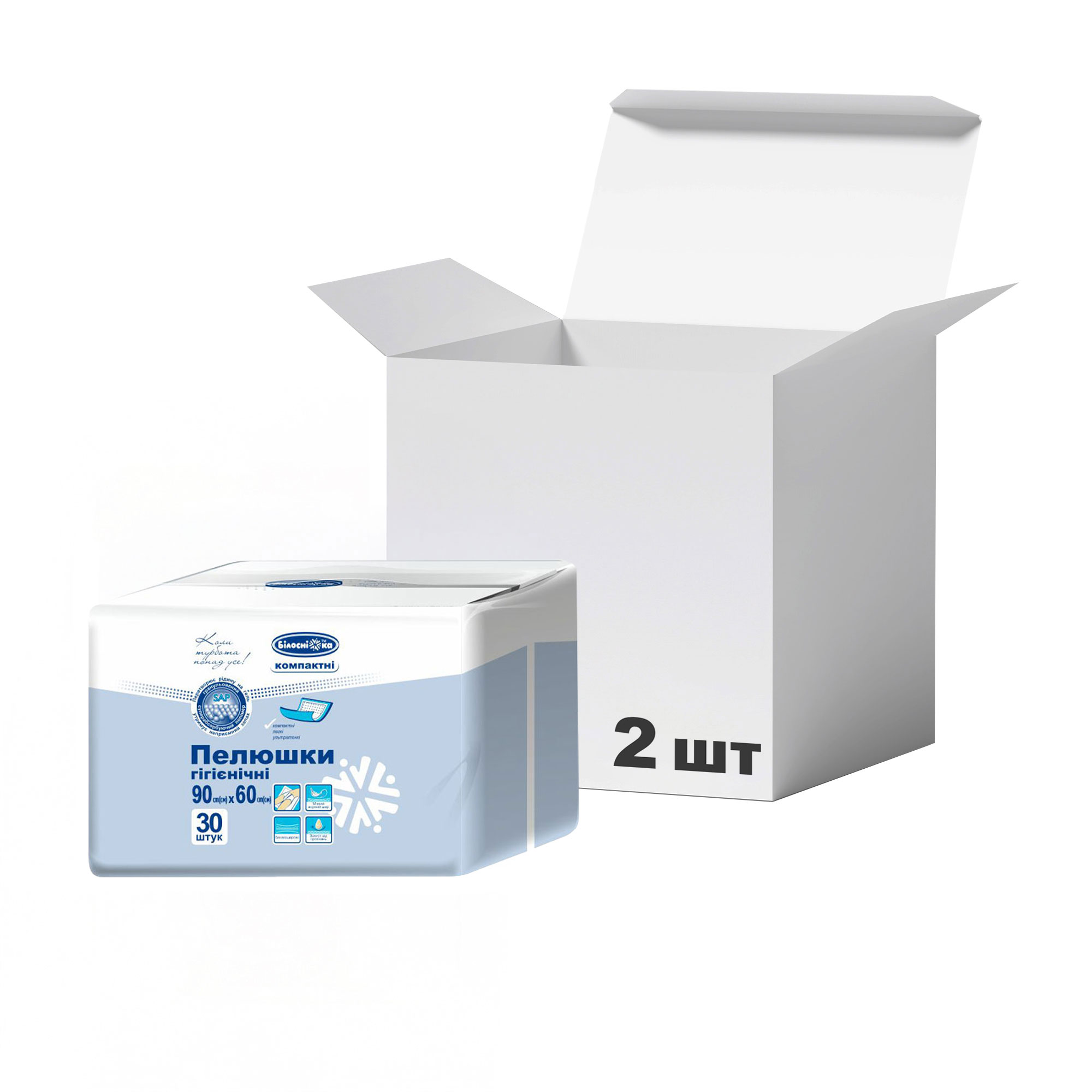 Упаковка пелюшок гігієнічних Білосніжка Компактні, 90*60 см, 30 шт * 2 шт
Упаковка пелюшок гігієнічних Білосніжка Компактні, 90*60 см, 30 шт * 2 шт