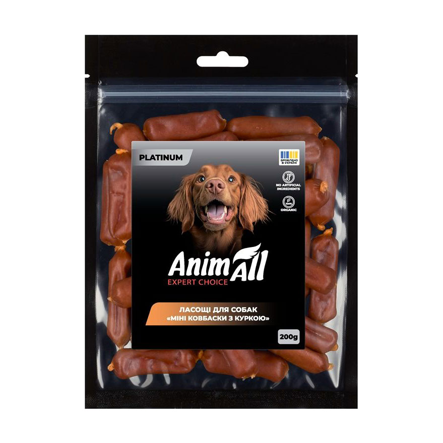 Ласощі для собак AnimAll Platinum Міні ковбаски з куркою, 200 г
Ласощі для собак AnimAll Platinum Міні ковбаски з куркою, 200 г