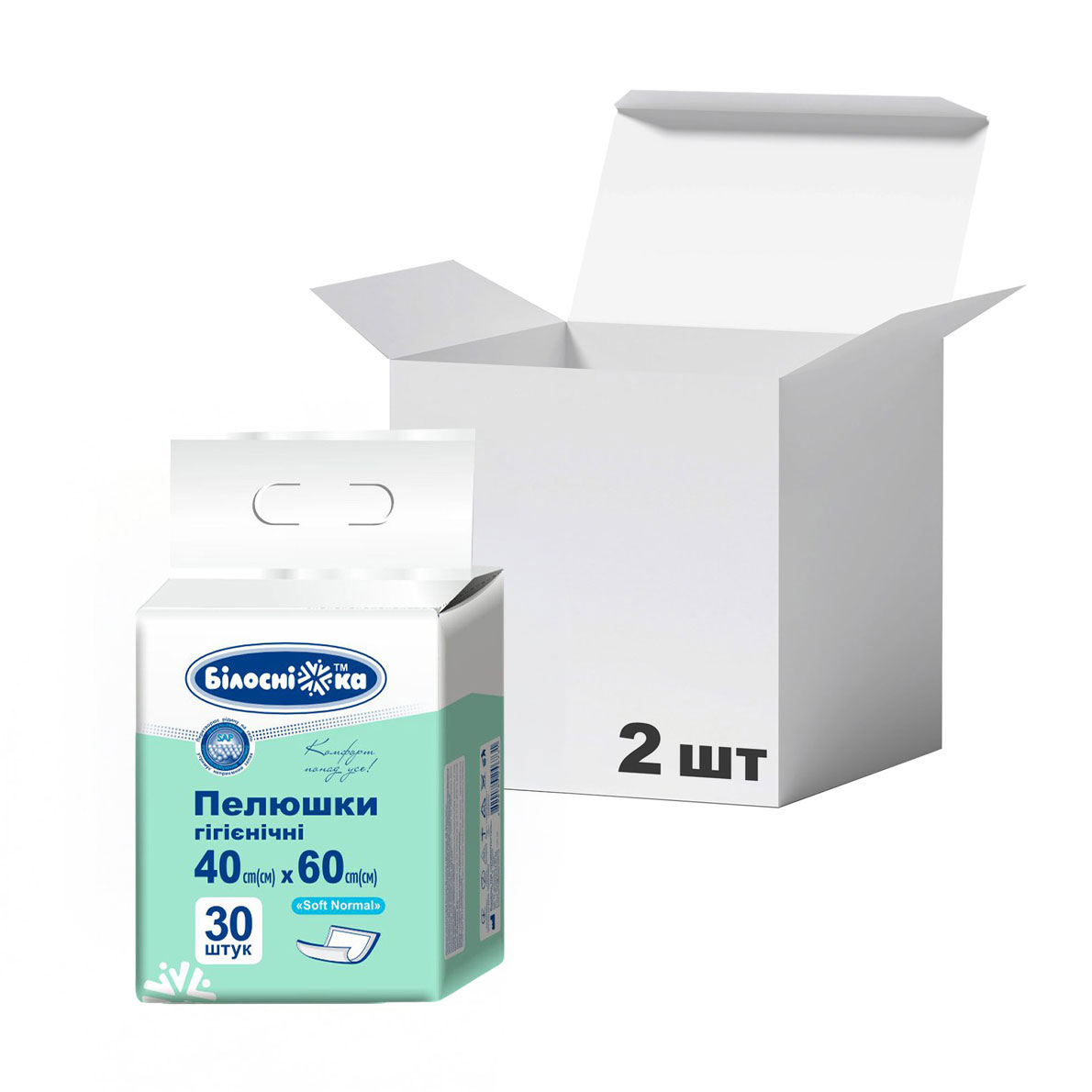 Упаковка пелюшок гігієнічних Білосніжка Soft Normal, 40*60 см, 30 шт * 2 шт
Упаковка пелюшок гігієнічних Білосніжка Soft Normal, 40*60 см, 30 шт * 2 шт