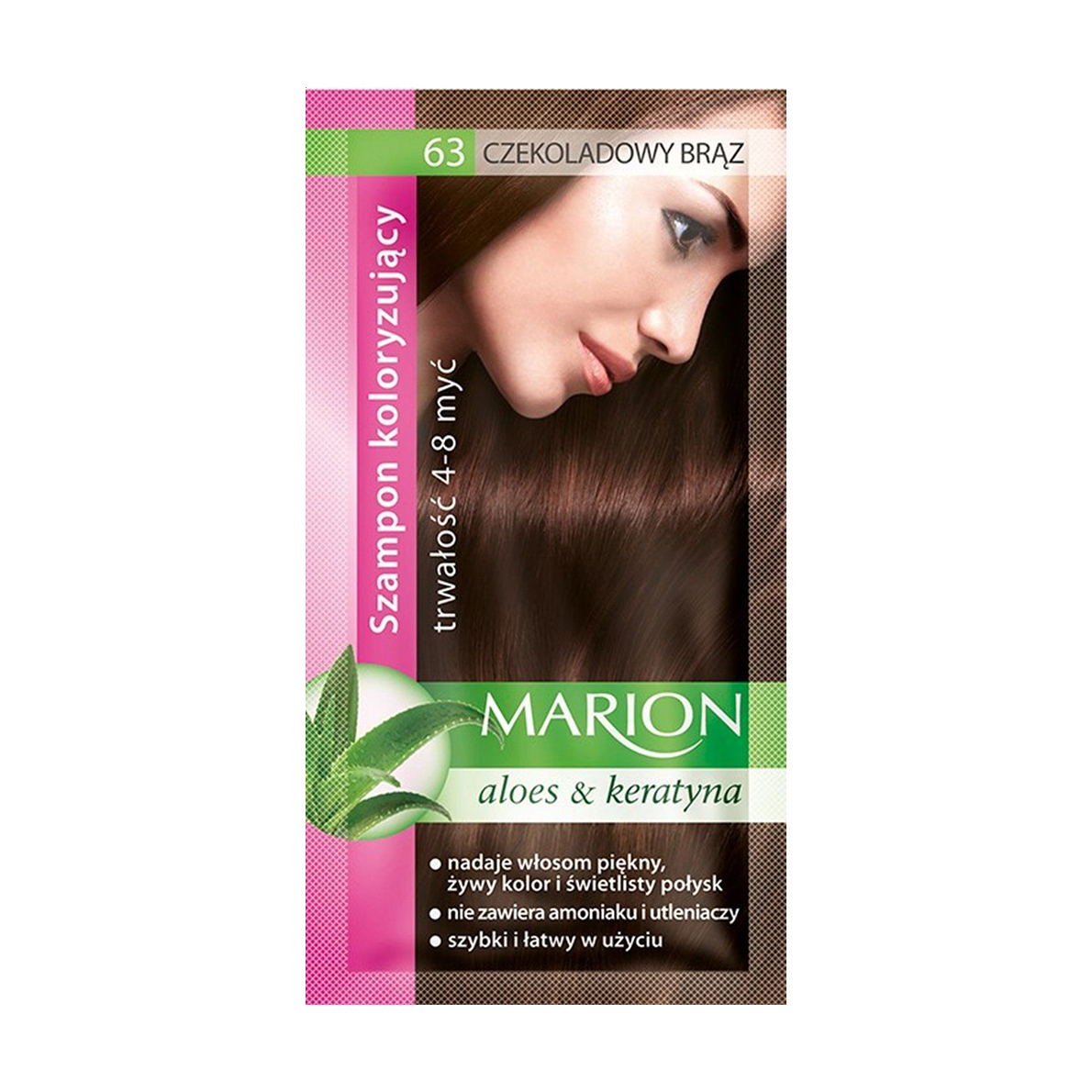 Відтінковий шампунь для волосся Marion Aloe & Keratin Hair Color Shampoo 63 Chocolate Brown, 40 мл
Відтінковий шампунь для волосся Marion Aloe & Keratin Hair Color Shampoo 63 Chocolate Brown, 40 мл