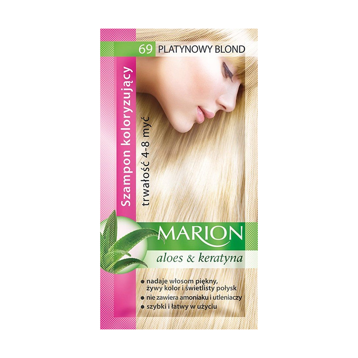 Відтінковий шампунь для волосся Marion Aloe & Keratin Hair Color Shampoo 69 Platinum Blonde, 40 мл
Відтінковий шампунь для волосся Marion Aloe & Keratin Hair Color Shampoo 69 Platinum Blonde, 40 мл