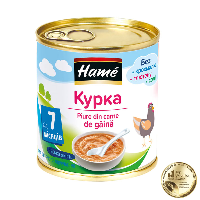 Дитяче м'ясне пюре Hame курка, від 7 місяців, 100 г
Дитяче м'ясне пюре Hame курка, від 7 місяців, 100 г