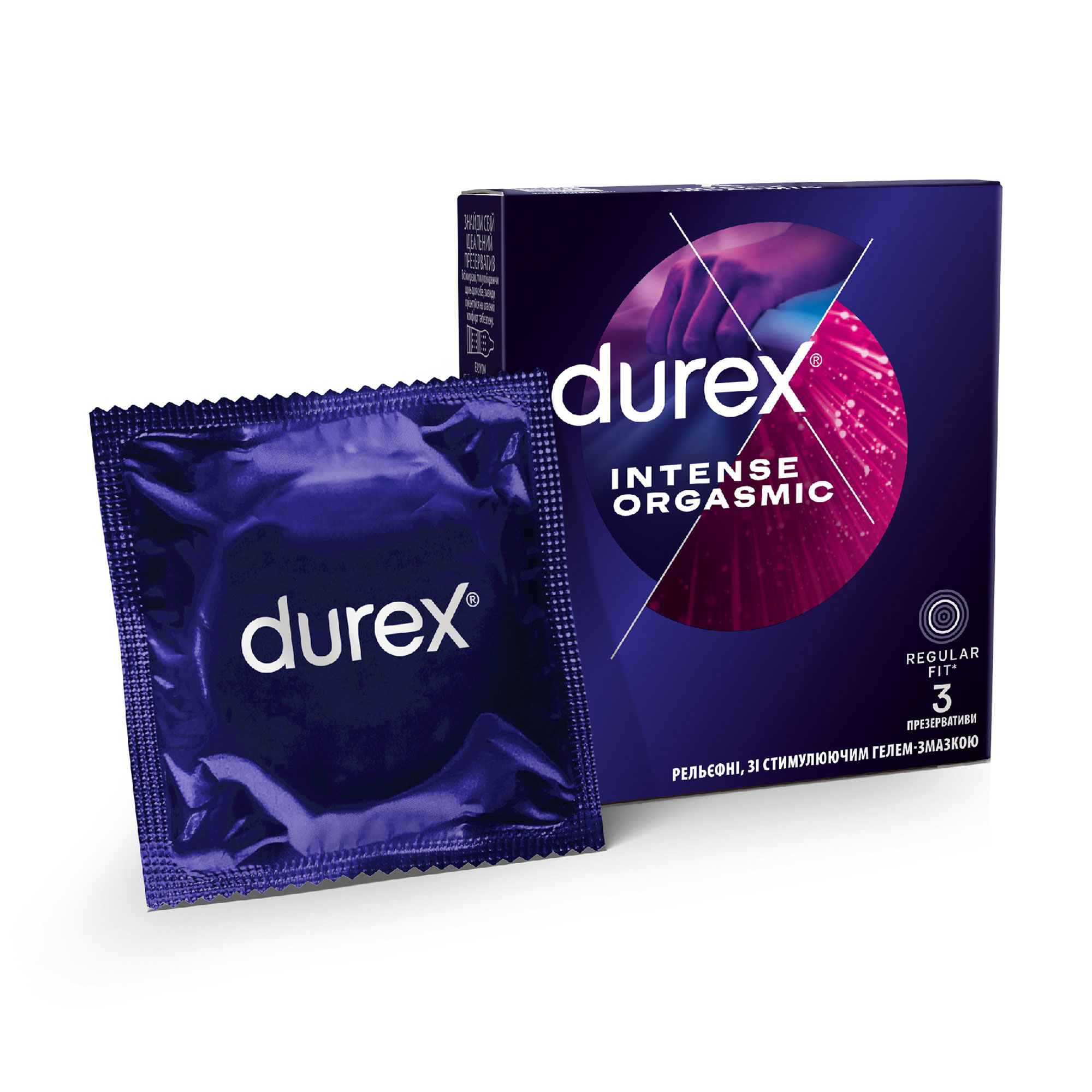 Презервативи латексні з силіконовою змазкою Durex Intense Orgasmic (рельєфні, зі стимулюючим гелем-змазкою, З шт
Презервативи латексні з силіконовою змазкою Durex Intense Orgasmic (рельєфні, зі стимулюючим гелем-змазкою, З шт