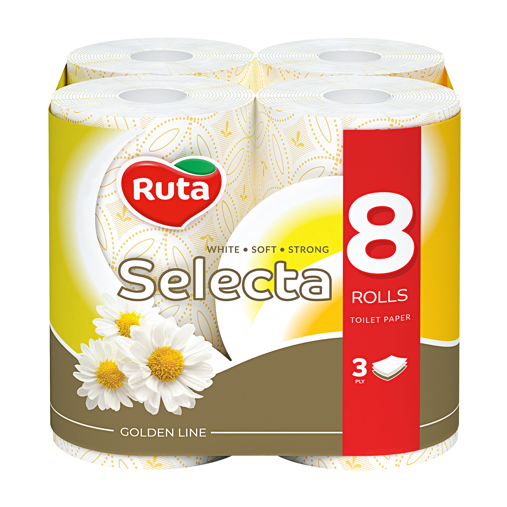 Туалетний папір RUTA Selecta білий, з ароматом ромашки, 3-шаровий, 150 відривів, 8 рулонів
Туалетний папір RUTA Selecta білий, з ароматом ромашки, 3-шаровий, 150 відривів, 8 рулонів