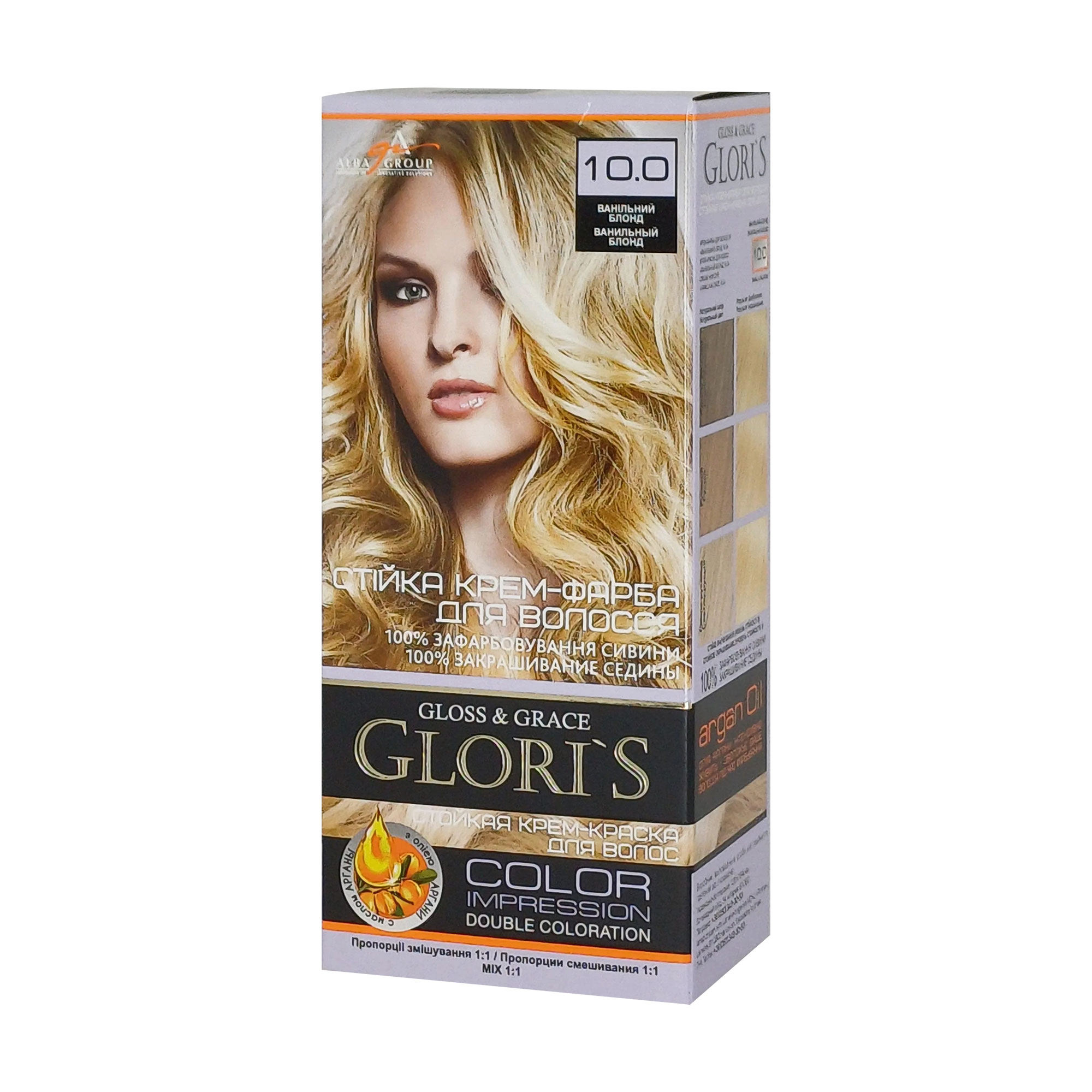 Стійка крем-фарба для волосся Glori's Gloss & Grace для двох застосувань 10.0 Ванільний блонд, 130 мл
Стійка крем-фарба для волосся Glori's Gloss & Grace для двох застосувань 10.0 Ванільний блонд, 130 мл