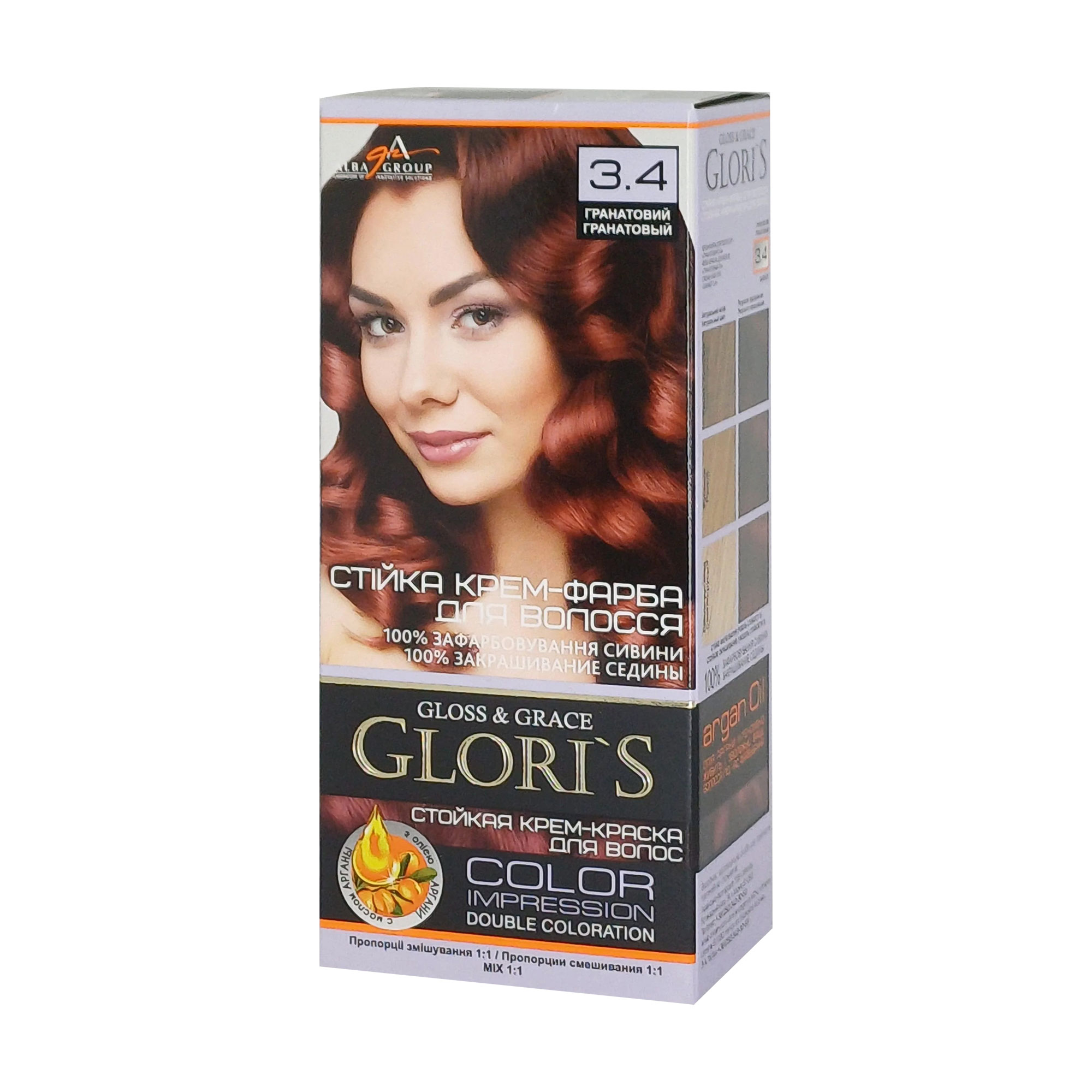 Стійка крем-фарба для волосся Glori's Gloss & Grace для двох застосувань 3.4 Гранатовий, 130 мл
Стійка крем-фарба для волосся Glori's Gloss & Grace для двох застосувань 3.4 Гранатовий, 130 мл