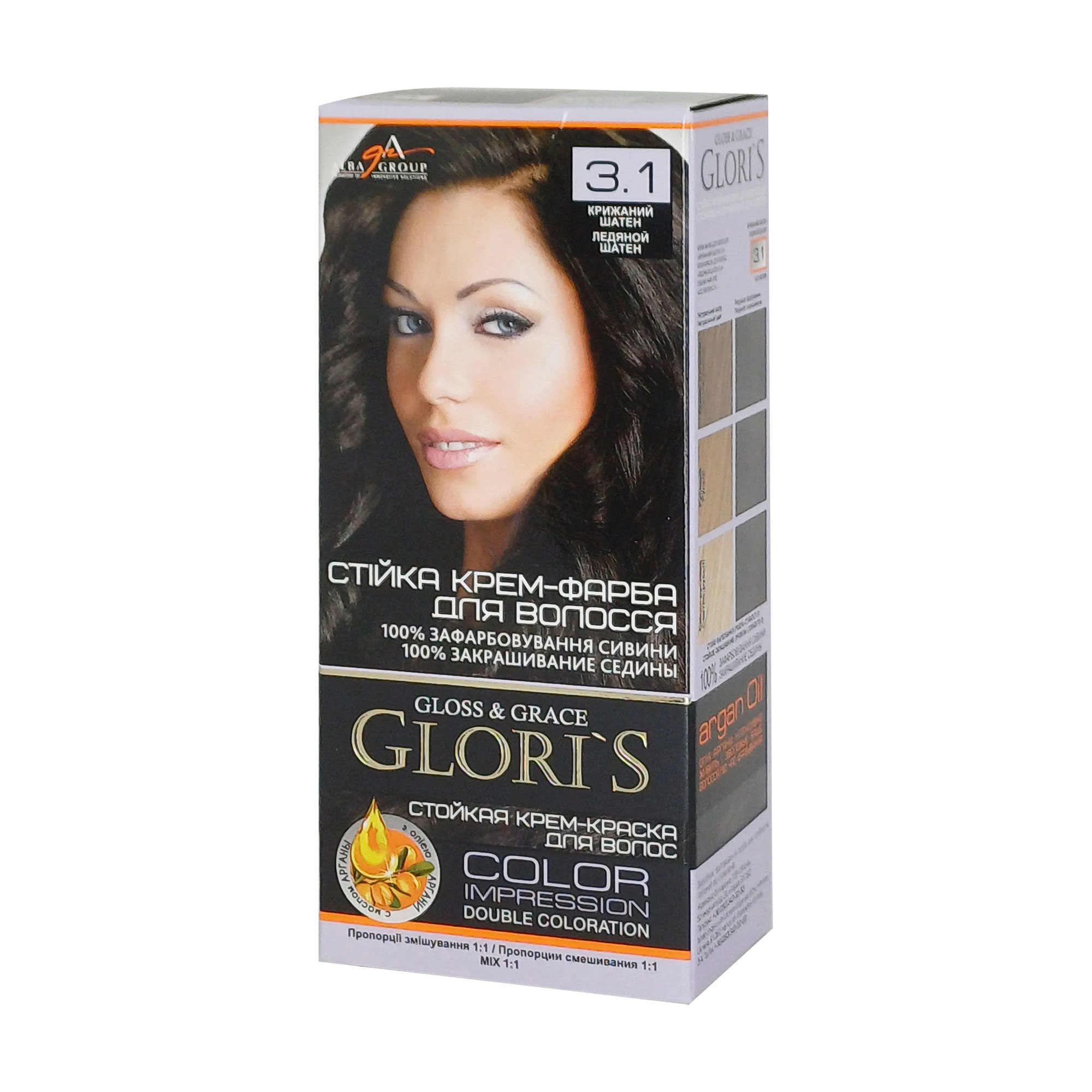 Стійка крем-фарба для волосся Glori's Gloss & Grace для двох застосувань 3.1 Крижаний шатен, 130 мл
Стійка крем-фарба для волосся Glori's Gloss & Grace для двох застосувань 3.1 Крижаний шатен, 130 мл