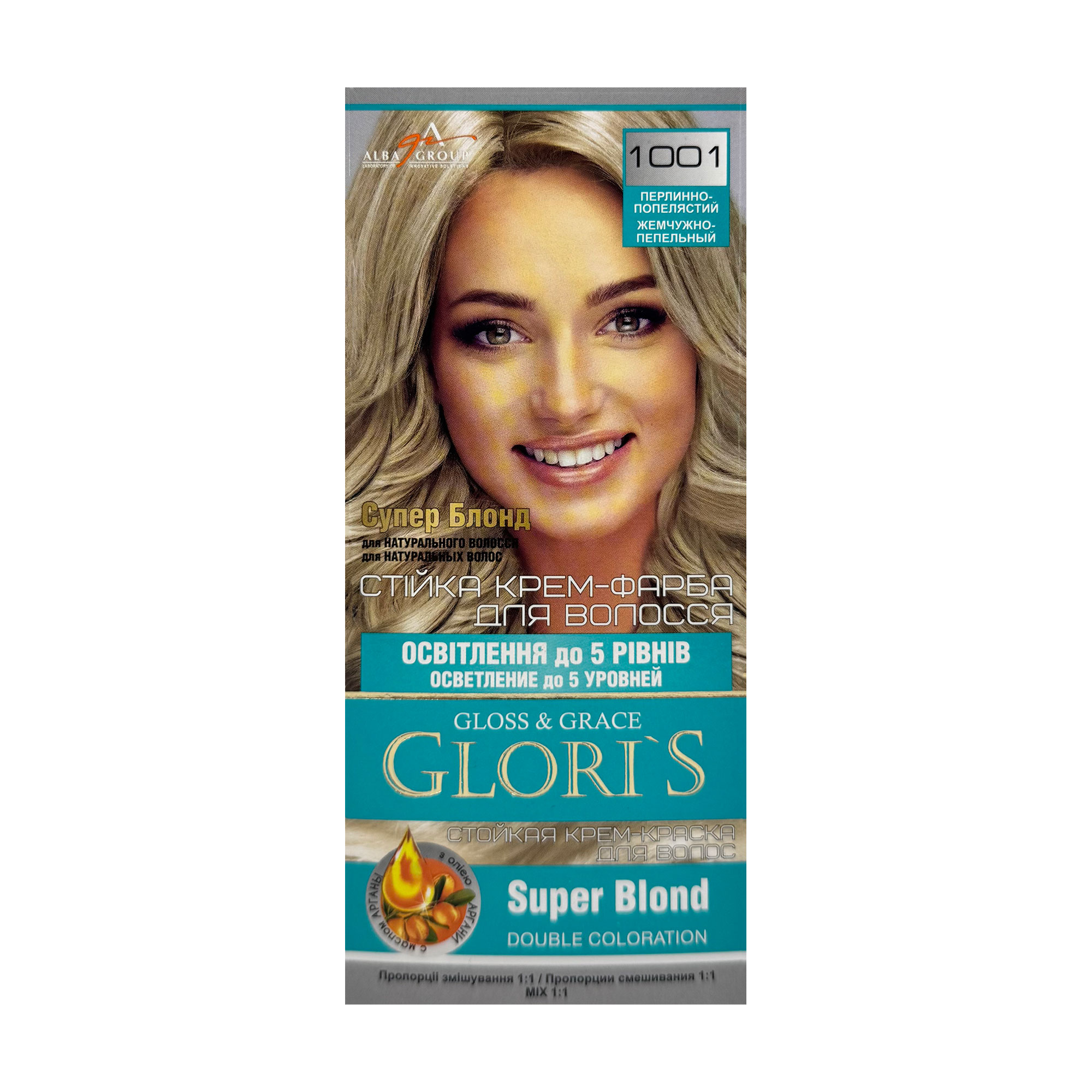 Стійка крем-фарба для волосся Glori's Gloss & Grace для двох застосувань 1001 Суперблонд перлинно-попелястий, 130 мл
Стійка крем-фарба для волосся Glori's Gloss & Grace для двох застосувань 1001 Суперблонд перлинно-попелястий, 130 мл