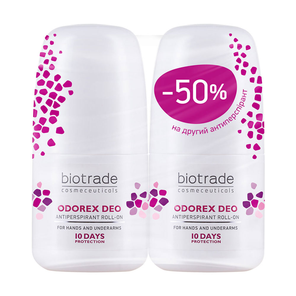 Уцінка! Набір кулькових антиперспірантів тривалої дії Biotrade Cosmeceuticals Odorex Deo Antiperspirant Roll-On, 10 днів без поту та запаху, 2*40 мл
Уцінка! Набір кулькових антиперспірантів тривалої дії Biotrade Cosmeceuticals Odorex Deo Antiperspirant Roll-On, 10 днів без поту та запаху, 2*40 мл