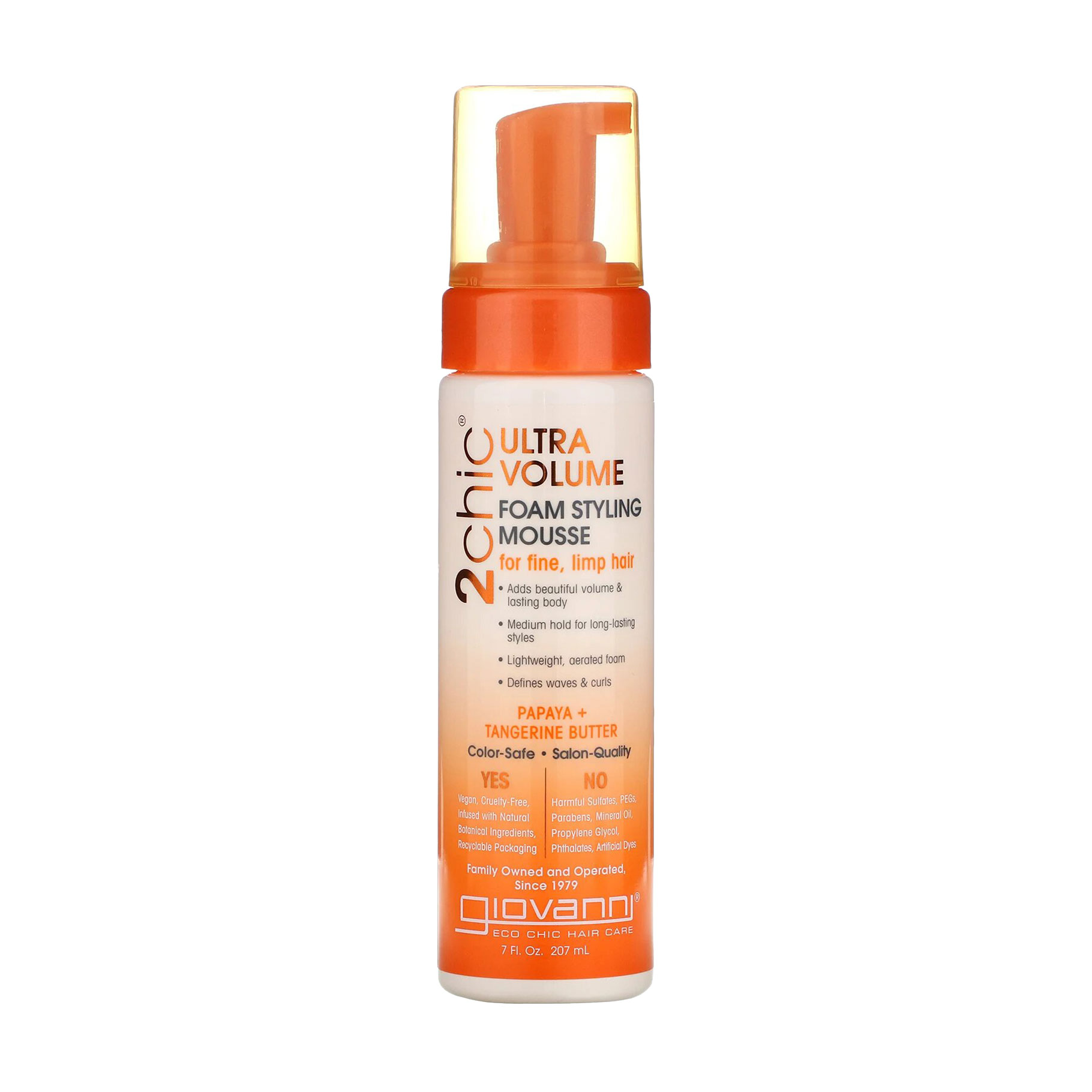 Пінка-мус для надання обєму волоссю Giovanni 2chic Ultra-Volume Foam Styling Mousse Tangerine & Papaya Butter з мандарином та олією папаї, 207 мл
Пінка-мус для надання обєму волоссю Giovanni 2chic Ultra-Volume Foam Styling Mousse Tangerine & Papaya Butter з мандарином та олією папаї, 207 мл