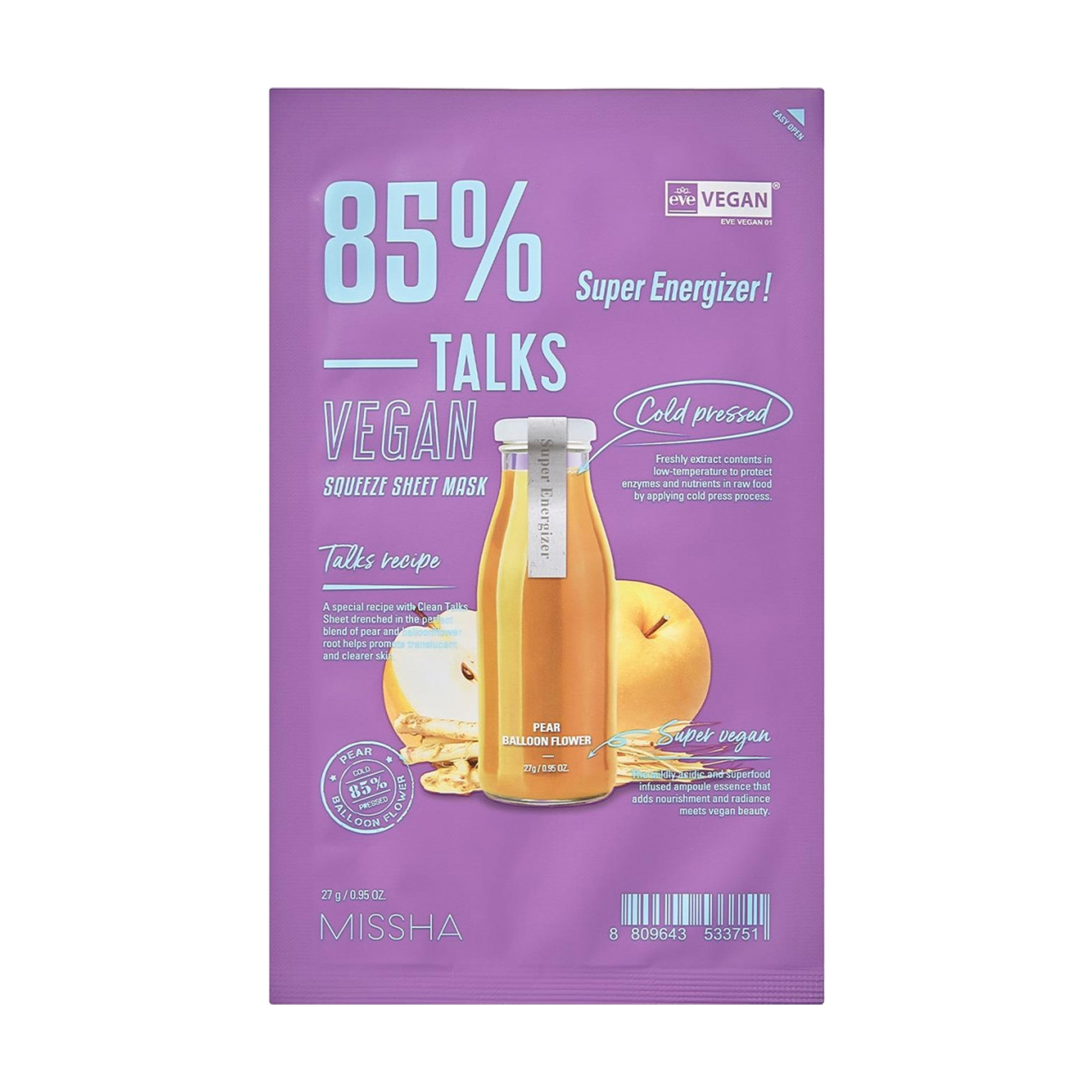 Тканинна маска для обличчя Missha Talks Vegan Squeeze Sheet Mask Super Energizer, 27 г
Тканинна маска для обличчя Missha Talks Vegan Squeeze Sheet Mask Super Energizer, 27 г