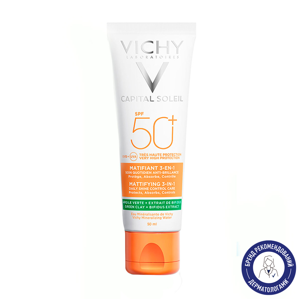 Сонцезахисний матувальний крем 3 в 1 Vichy Capital Soleil Mattifying SPF50+ для жирної, проблемної шкіри обличчя, 50 мл
Сонцезахисний матувальний крем 3 в 1 Vichy Capital Soleil Mattifying SPF50+ для жирної, проблемної шкіри обличчя, 50 мл