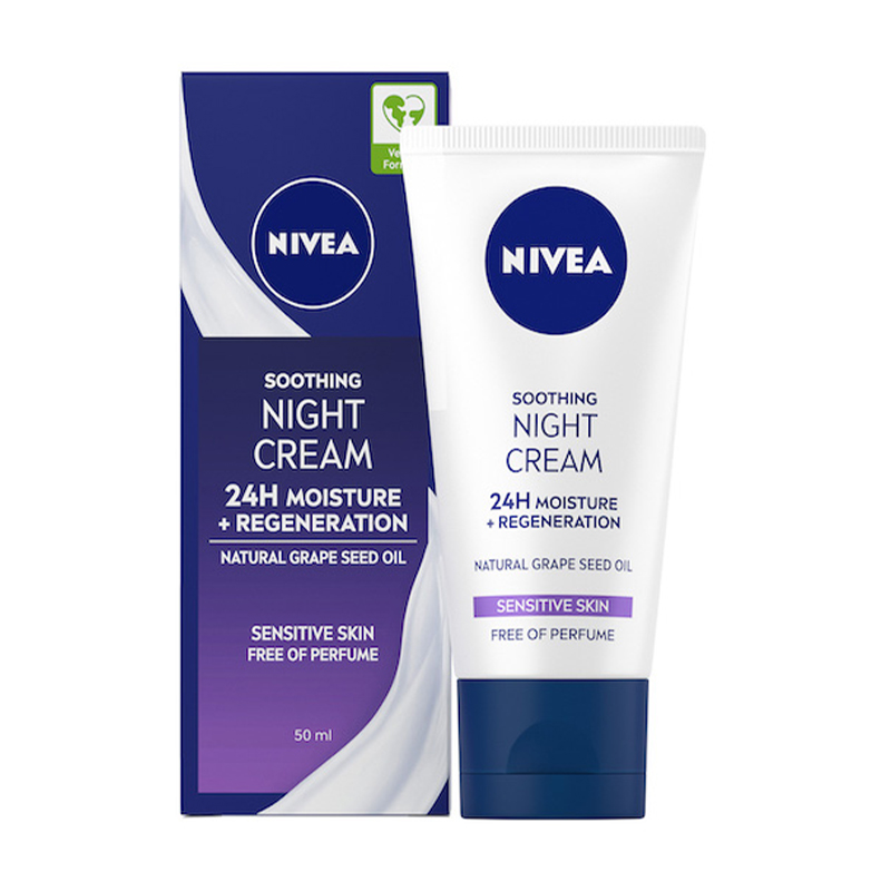 Заспокійливий нічний крем для обличчя NIVEA Soothing Night Cream 24h Moisture + Regeneration, 50 мл
Заспокійливий нічний крем для обличчя NIVEA Soothing Night Cream 24h Moisture + Regeneration, 50 мл