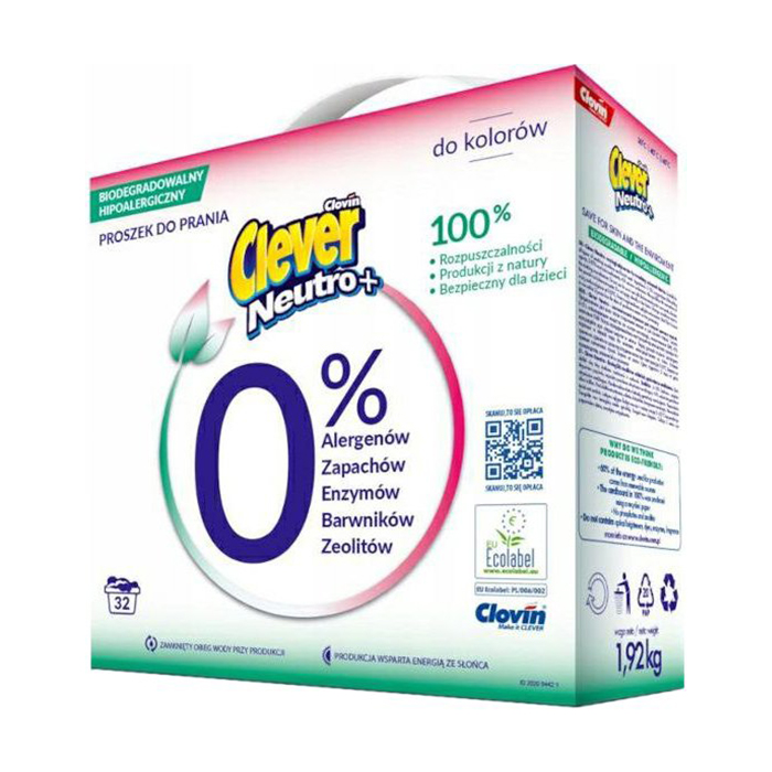 Уцінка! Пральний порошок Clever Neutro+ Color для кольорових речей, 32 цикли прання, 1.92 кг
Уцінка! Пральний порошок Clever Neutro+ Color для кольорових речей, 32 цикли прання, 1.92 кг
