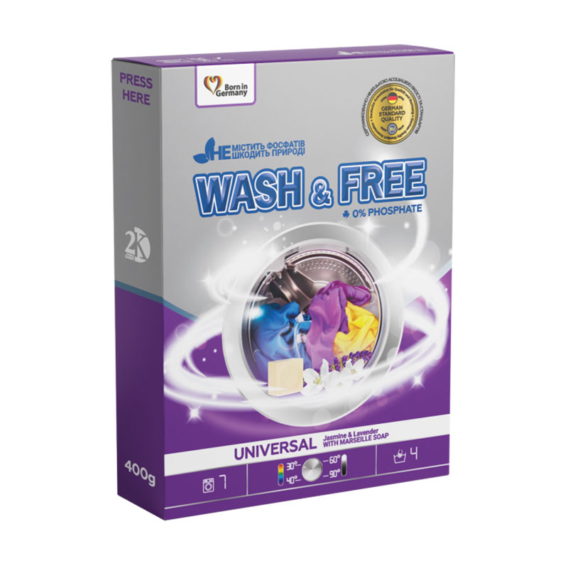 Універсальний порошок для прання Wash & Free Universal Washing Powder Жасмин та лаванда з марсельським милом, 7 циклів прання, 400 г
Універсальний порошок для прання Wash & Free Universal Washing Powder Жасмин та лаванда з марсельським милом, 7 циклів прання, 400 г