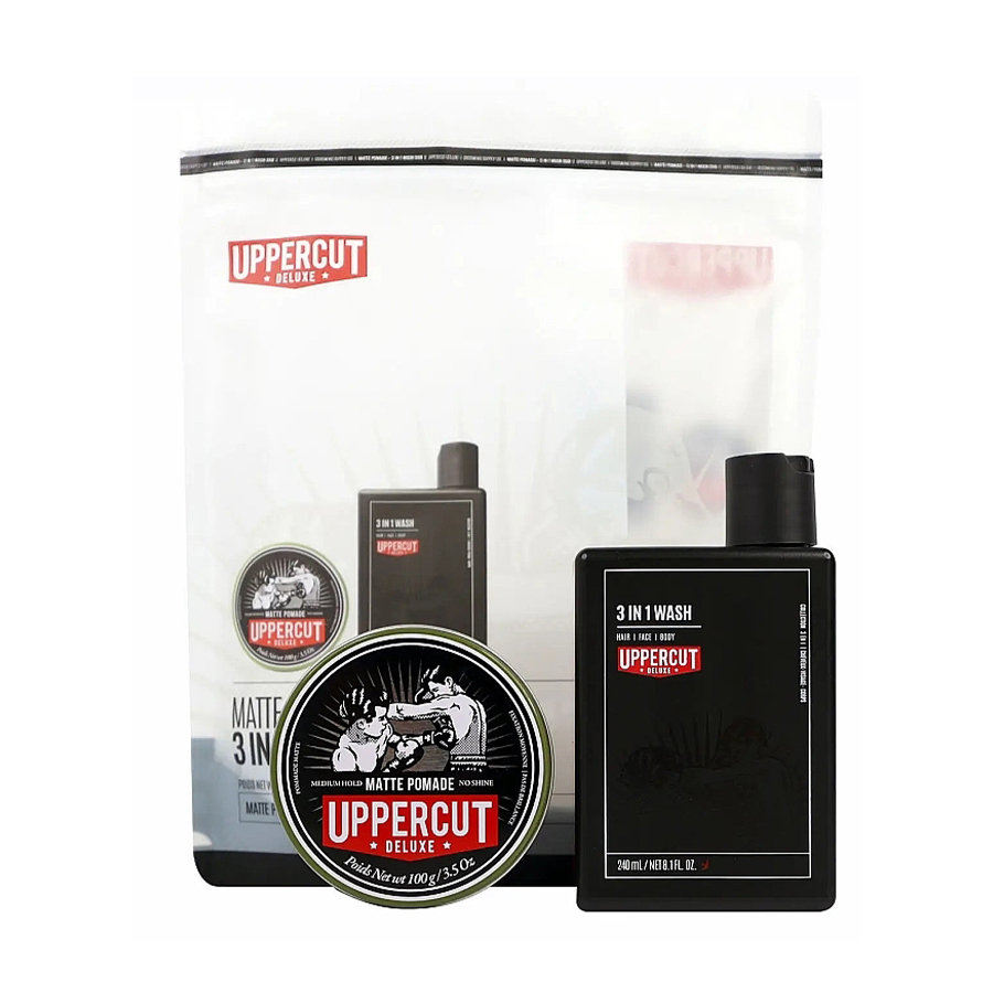 Подарунковий чоловічий набір для волосся Uppercut Deluxe Styling & 3 in 1 Wash Duo (помада Matte Pomade, 100 г + шампунь, 240 мл)
Подарунковий чоловічий набір для волосся Uppercut Deluxe Styling & 3 in 1 Wash Duo (помада Matte Pomade, 100 г + шампунь, 240 мл)
