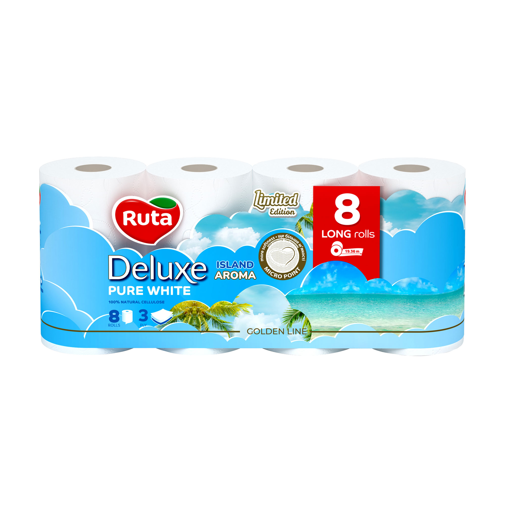 Уцінка! Туалетний папір Ruta Deluxe Pure White білий, 3-шаровий, 8 рулонів
Уцінка! Туалетний папір Ruta Deluxe Pure White білий, 3-шаровий, 8 рулонів