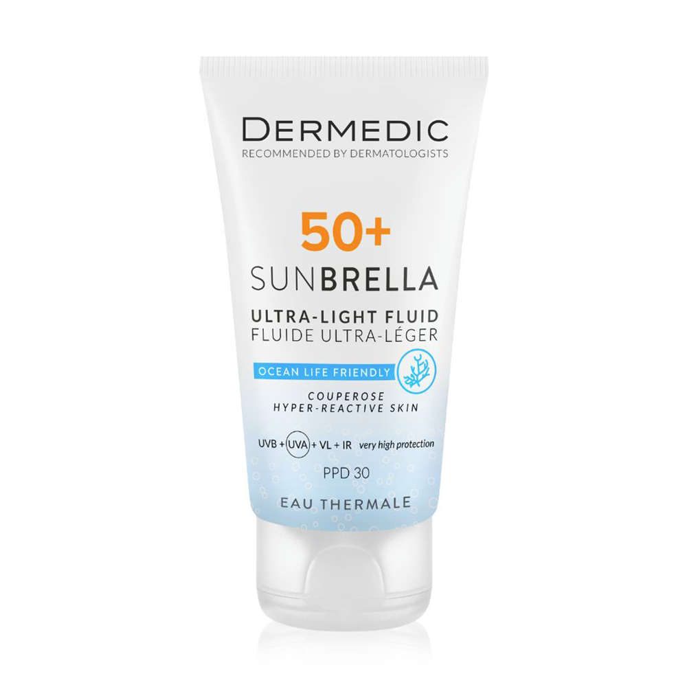 Ультралегкий сонцезахисний флюїд Dermedic Sunbrella Ultra-Light Fluid, SPF 50+, для судинної та гіперактивної шкіри, 40 мл
Ультралегкий сонцезахисний флюїд Dermedic Sunbrella Ultra-Light Fluid, SPF 50+, для судинної та гіперактивної шкіри, 40 мл