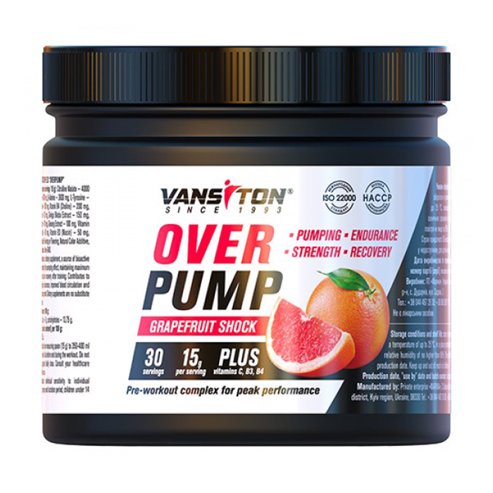 Передтренувальний комплекс Vansiton Over Pump Грейпфрутовий шок, 450 г
Передтренувальний комплекс Vansiton Over Pump Грейпфрутовий шок, 450 г
