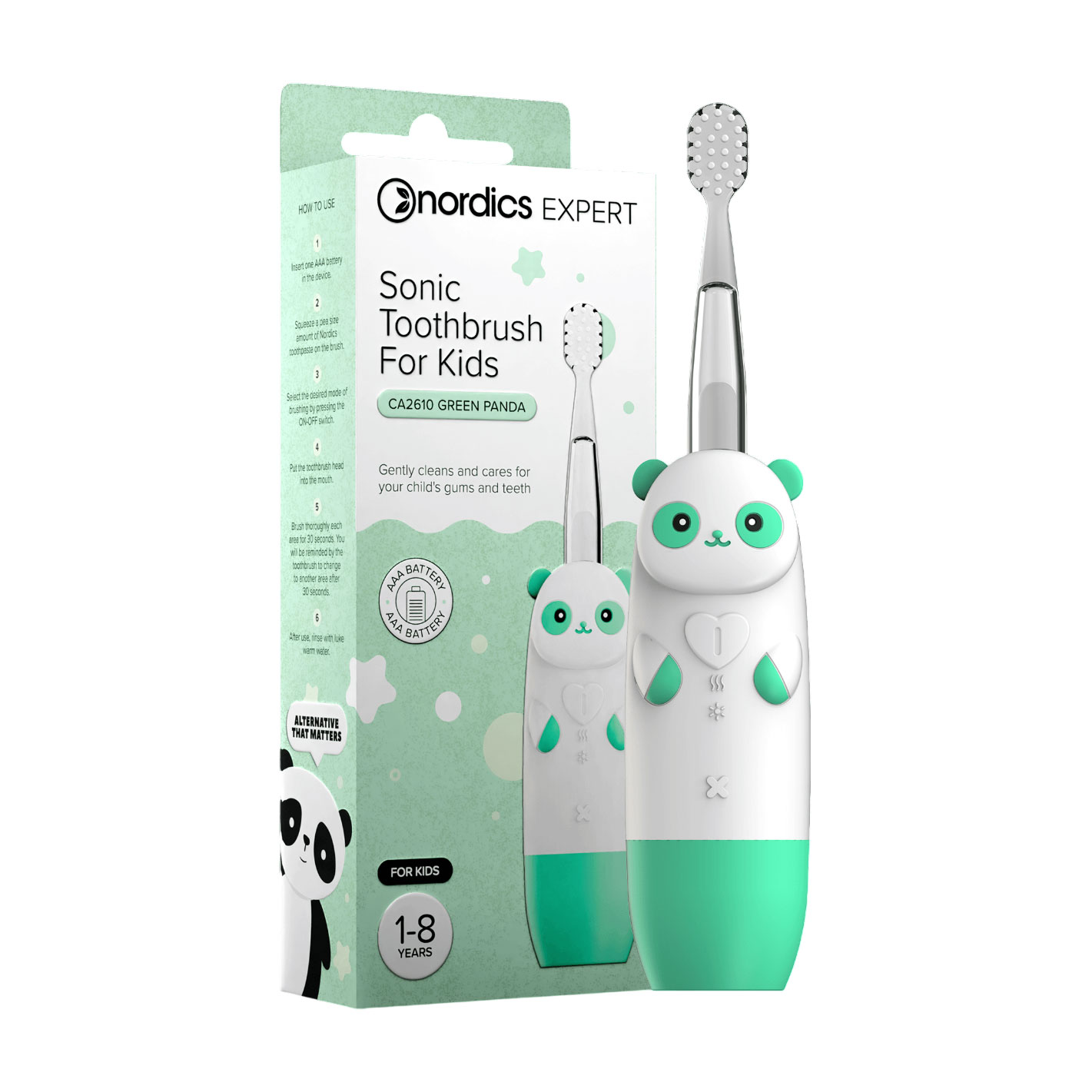 Дитяча звукова зубна щітка Nordics Expert Sonic Toothbrush for Kids CA2610 Панда, зелена, 1 шт
Дитяча звукова зубна щітка Nordics Expert Sonic Toothbrush for Kids CA2610 Панда, зелена, 1 шт