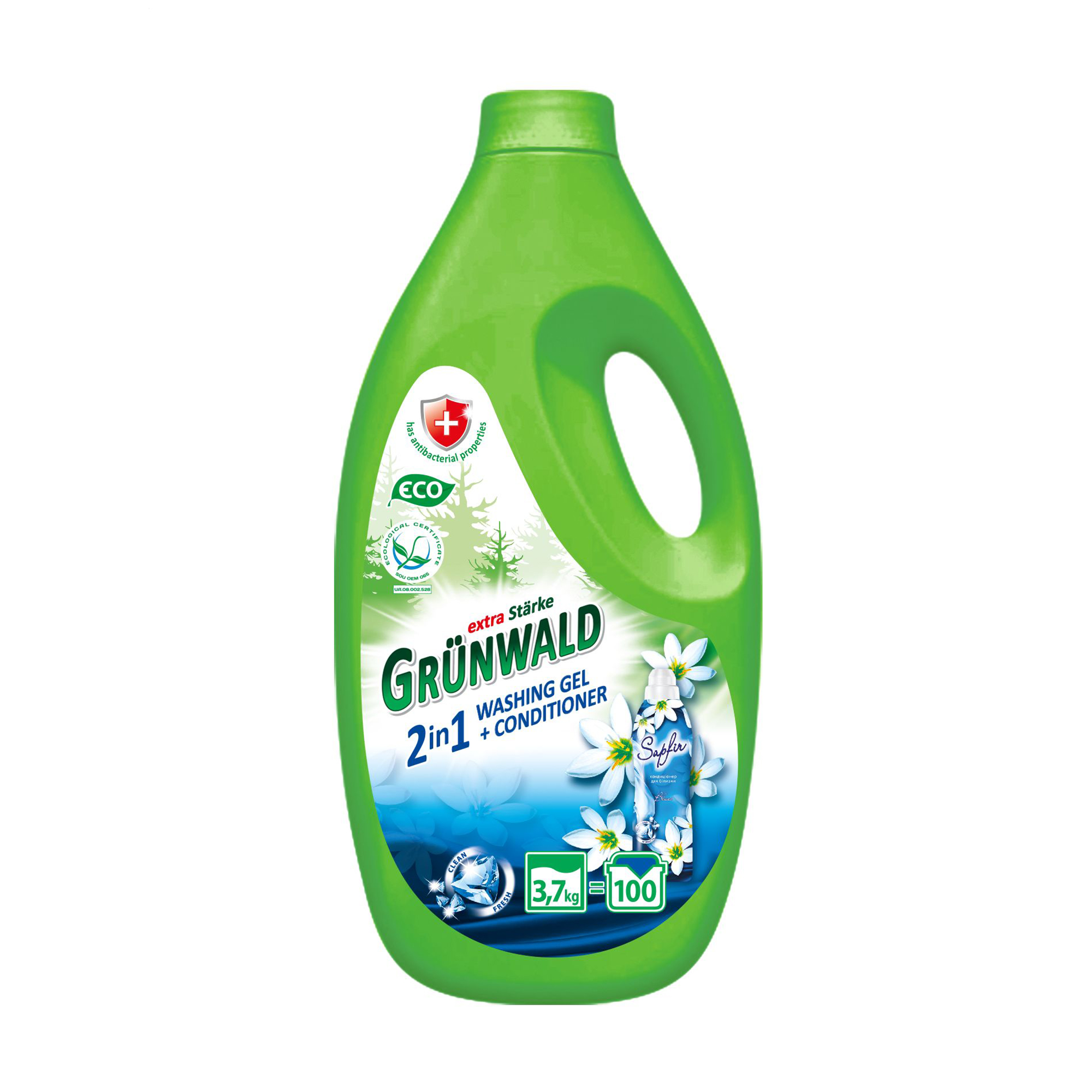 

Уцінка! Гель для прання кольорової та білої білизни 2 в 1 Grunwald з ополіскувачем, 100 циклів прання, 3.7 кг