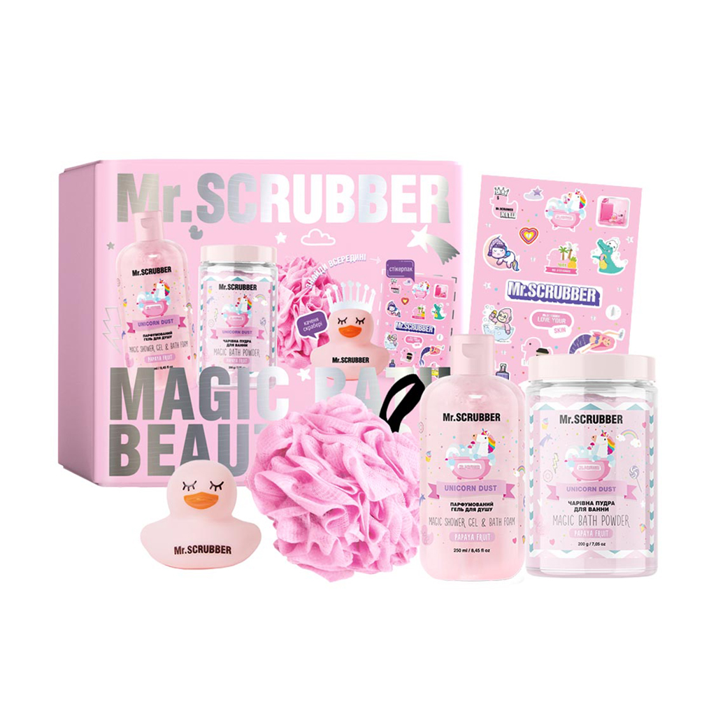 

Уцінка! Подарунковий набір Mr.Scrubber Papaya Fruit (гель для душу, 250 мл + пудра для ванни, 200 г + стікерпак + мочалка + каченя-скрабері)