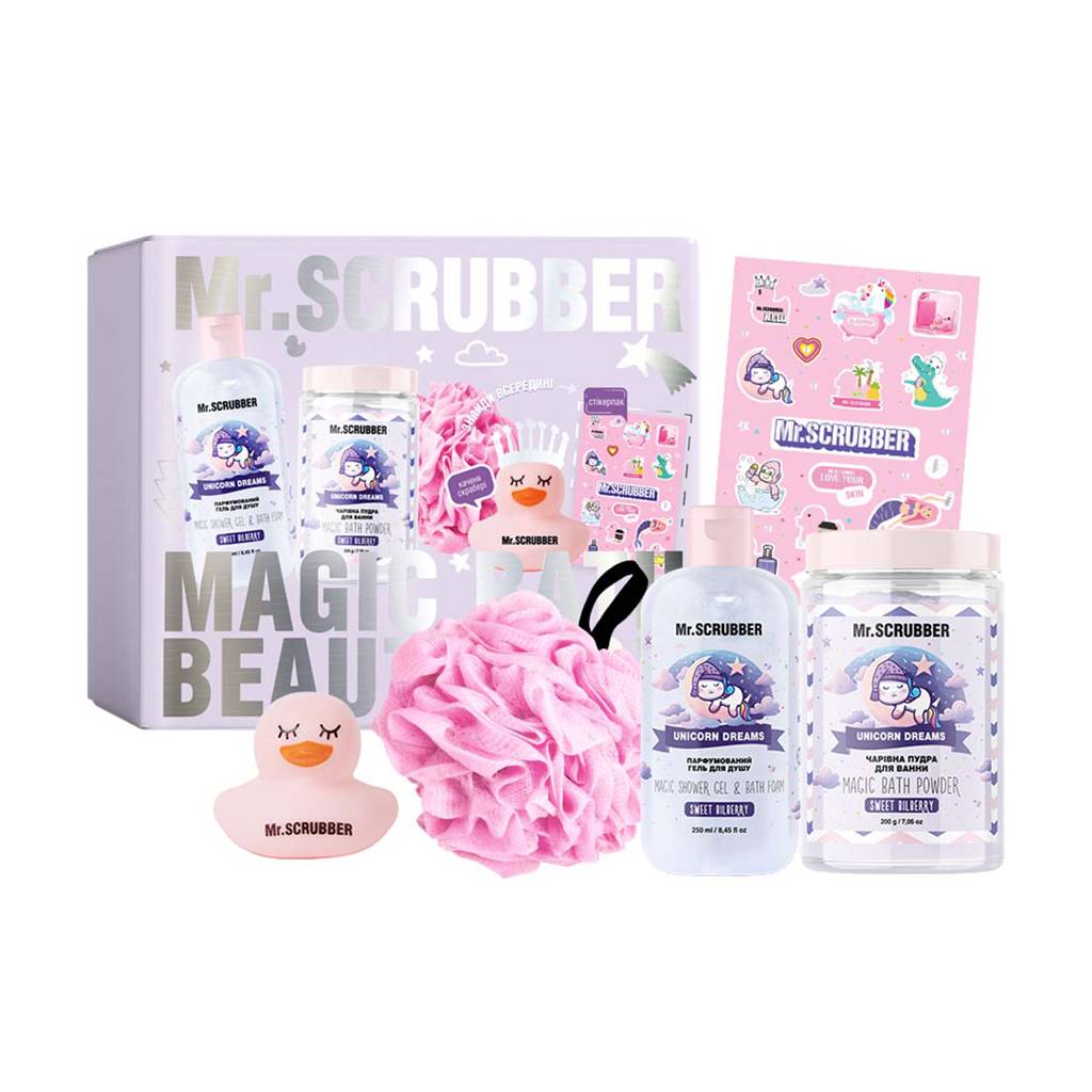 

Уцінка! Подарунковий набір Mr.Scrubber Sweet Bilberry (гель для душу, 250 мл + пудра для ванни, 200 г + стікерпак + мочалка + каченя-скрабері)