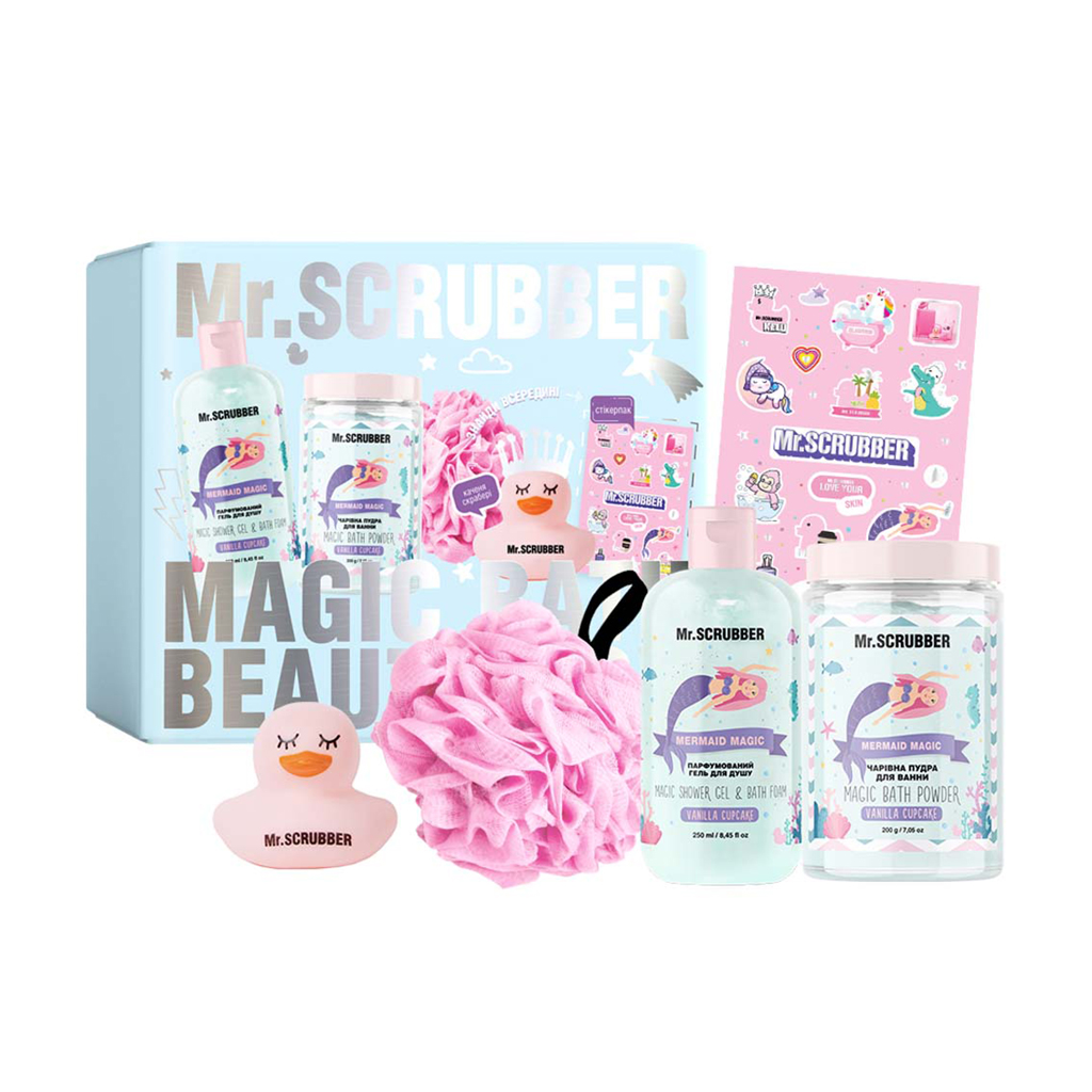 

Подарунковий набір Mr.Scrubber Vanilla Cupcake (гель для душу, 250 мл + пудра для ванни, 200 г + стікерпак + мочалка + каченя-скрабері)