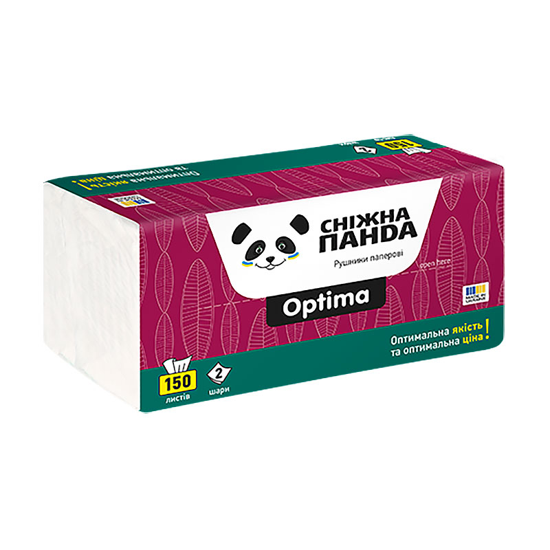 

Паперові рушники Сніжна Панда Optima, листові, 2х-шарові, 150 шт