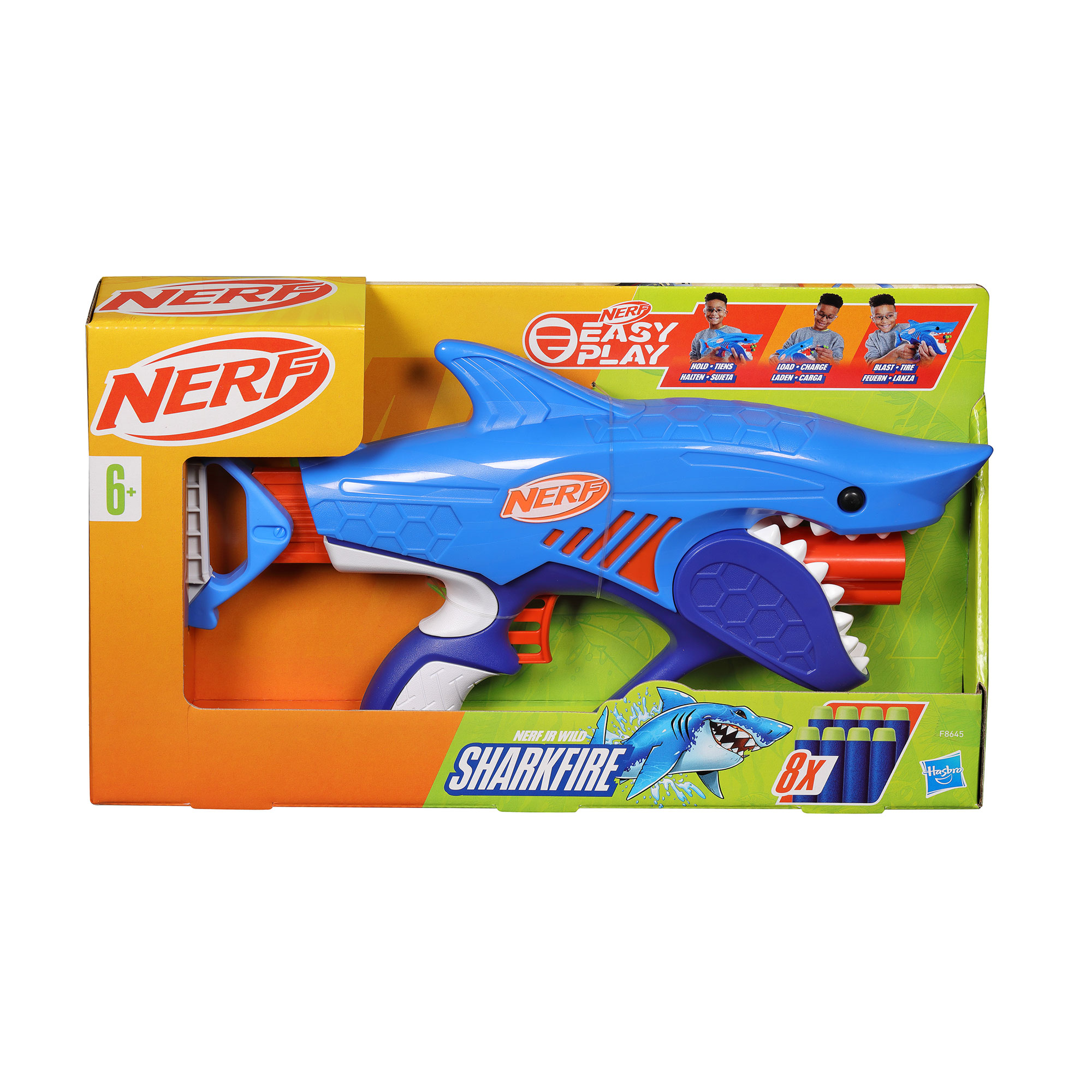 

Іграшковий бластер Nerf Elite Junior Wild Sharkfire, 7*41*23 см, від 6 років, 8 стріл (F8645)