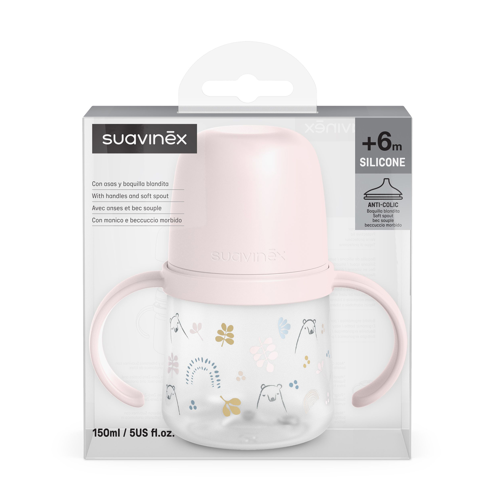 

Поїльник-непроливайка Suavinex Bear Family з силіконовим носиком, рожева, від 6 місяців, 150 мл (308675)