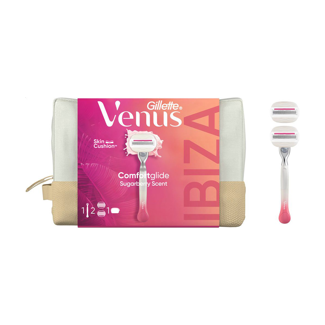 

Подарунковий набір жіночий Gillette Venus Comfortglide Sugarberry Scent (станок + змінні катриджі, 2 шт + косметичка)