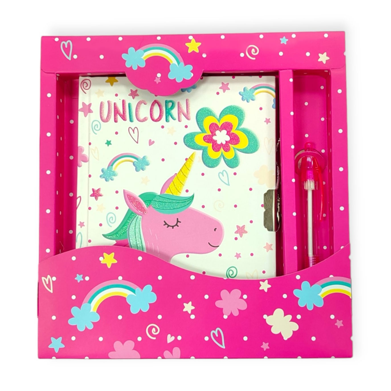 

Блокнот на замочку Malevaro Милий єдиноріг, з ручкою, лінійка, 19.5*21*2 см, 56 аркушів (361956-BP)