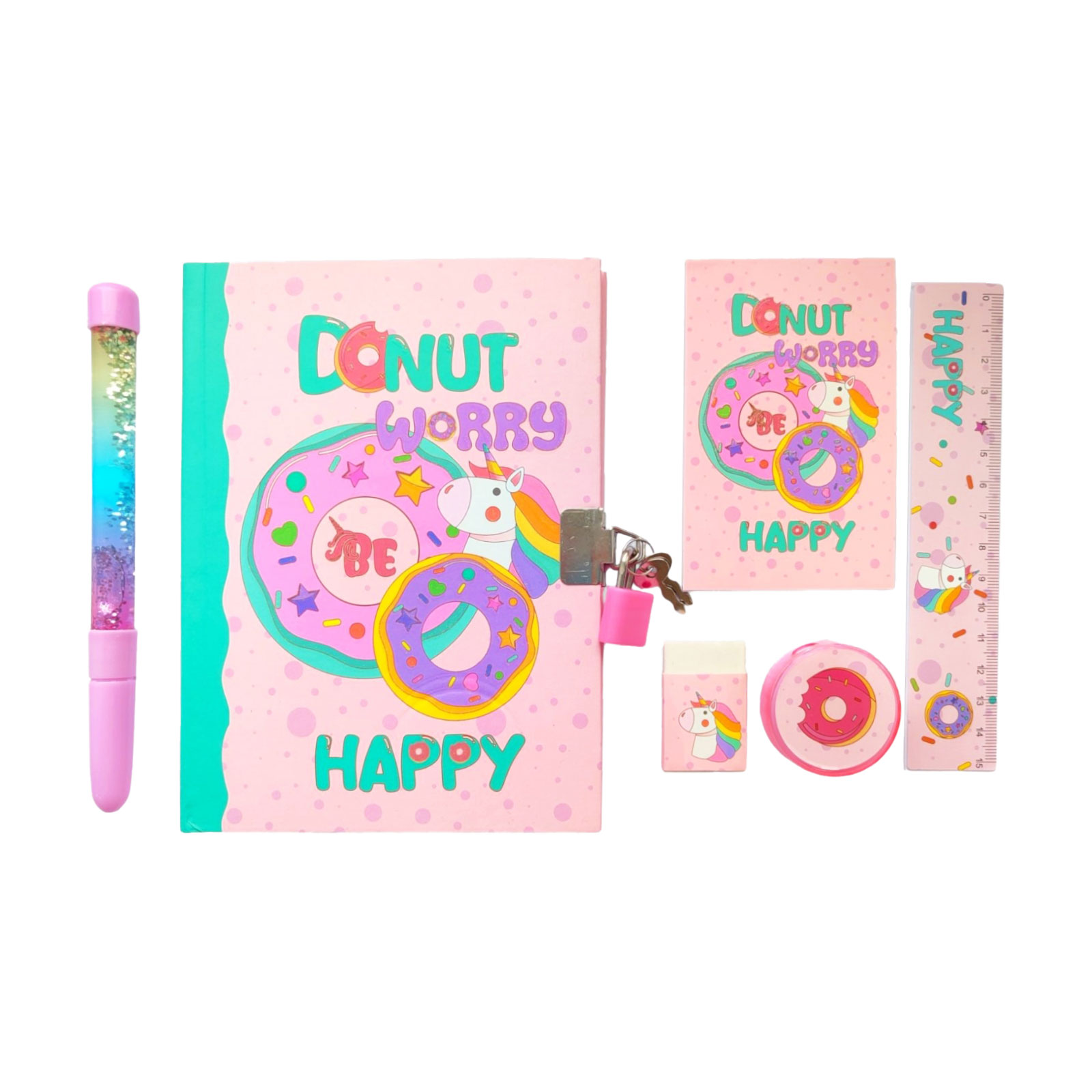 

Подарунковий набір Malevaro Пончики (блокнот на замочку + блокнот + ручка + гумка + лінійка + стругачка) (P362402-S)