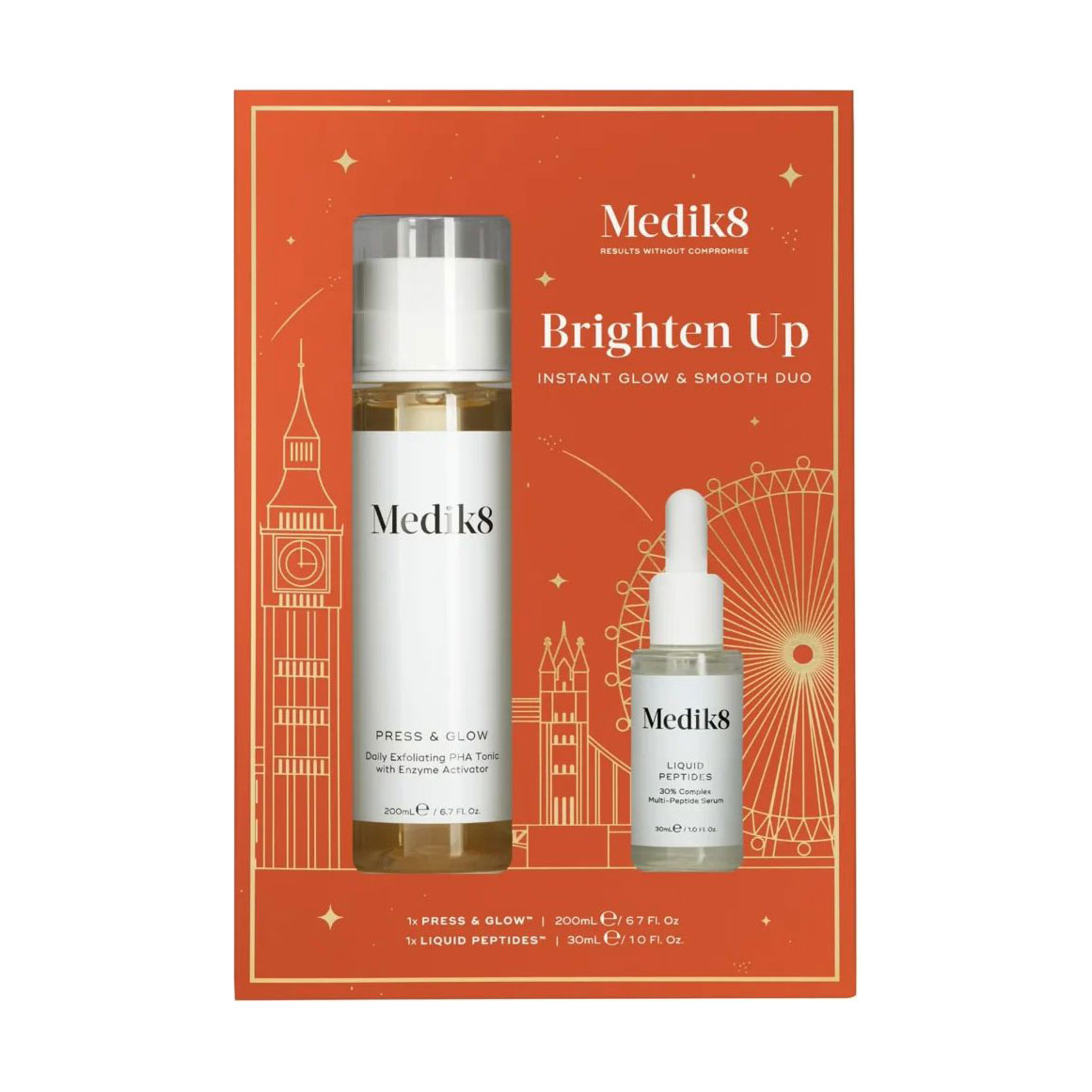 

Лімітований новорічний набір для обличчя Medik8 Brighten Up Set (Press & Glow, 200 мл + Liquid Peptides, 30 мл)