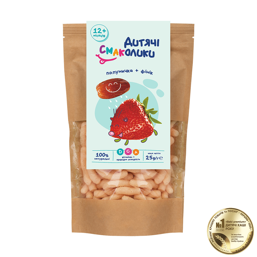 

Дитячі снеки Дитячі смаколики Полуничка + фінік, від 1 року, 25 г