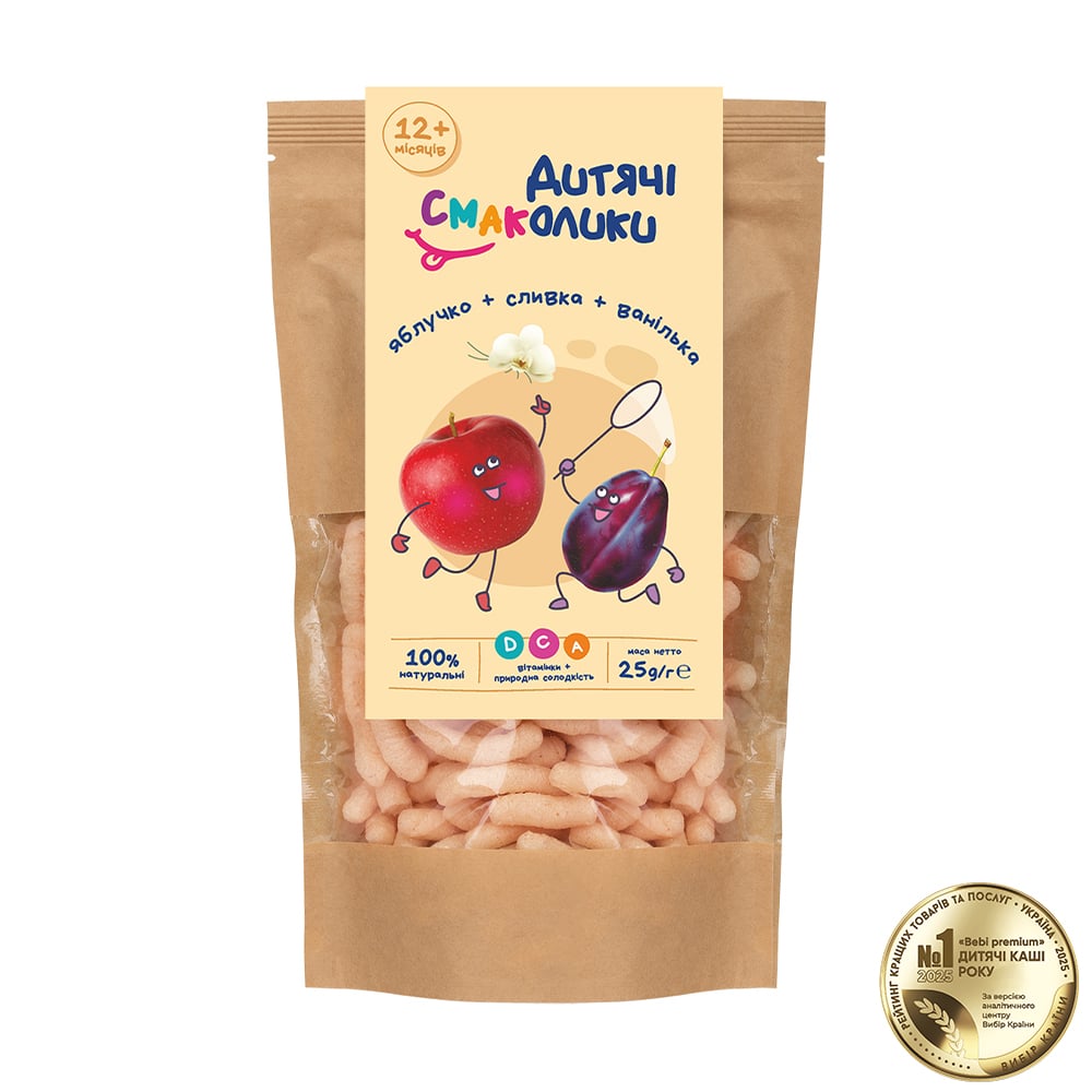 

Дитячі снеки Дитячі смаколики Яблучко + сливка + ванілька, від 1 року, 25 г