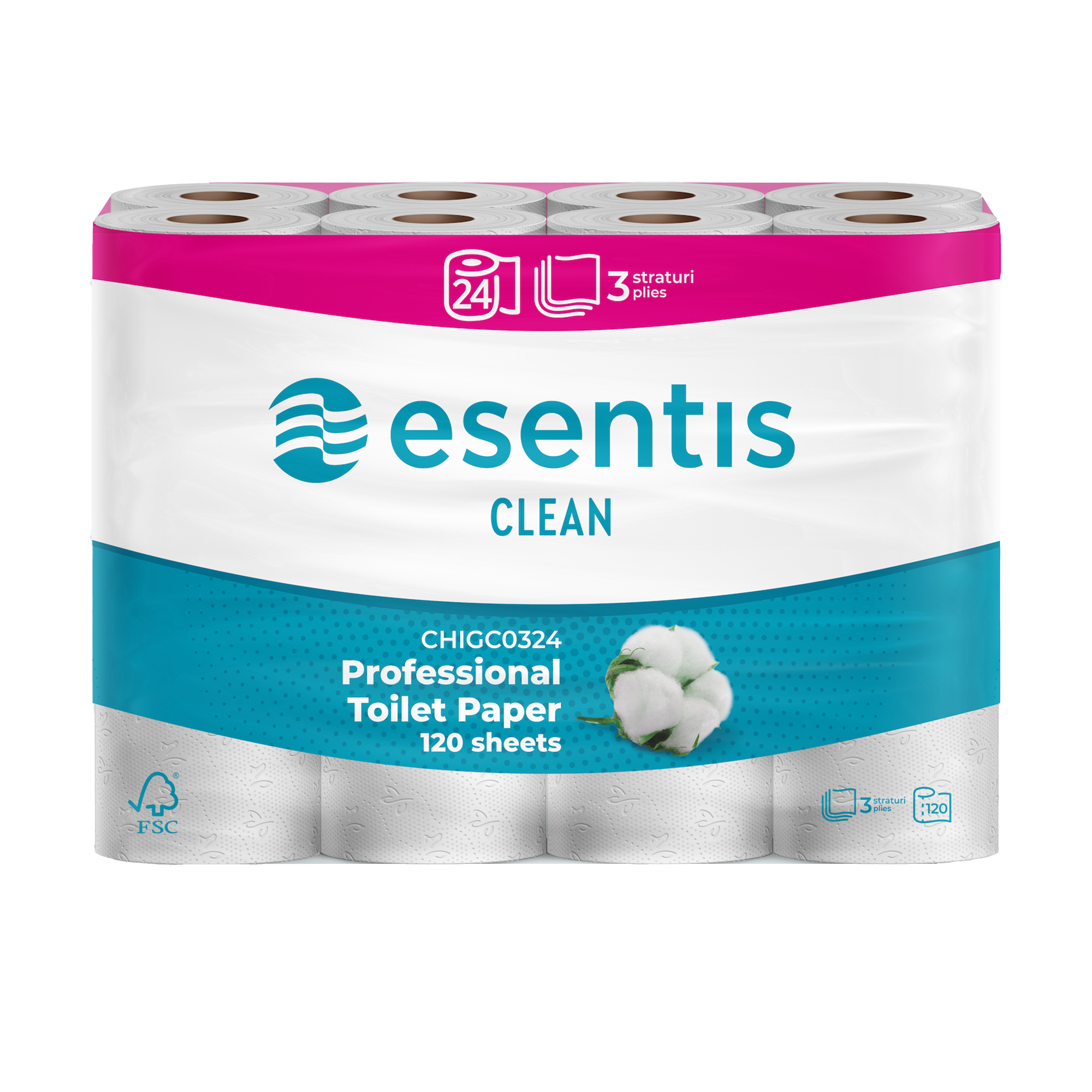 

Туалетний папір Esentis Clean 3-шаровий, 120 відривів, 24 рулони