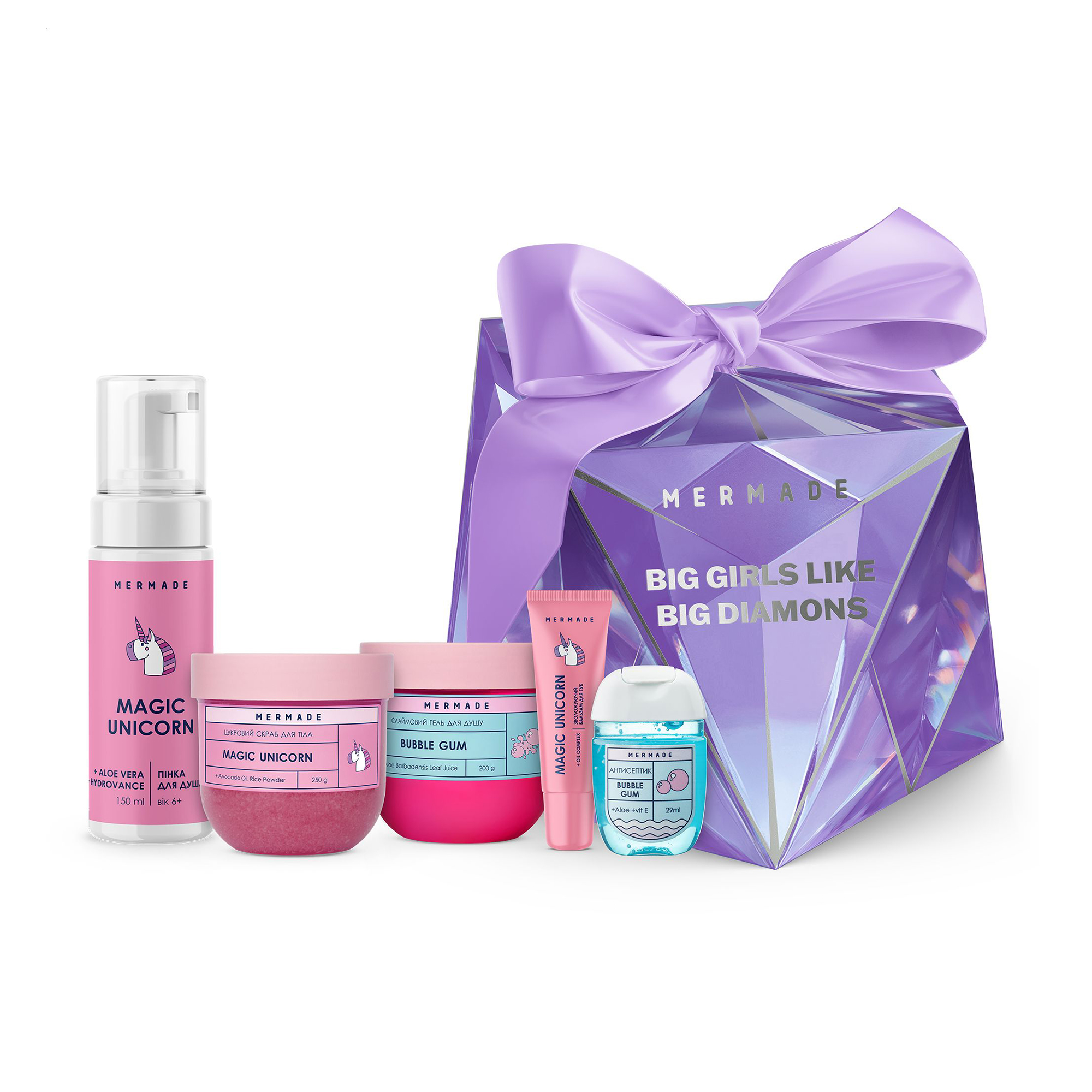 

Уцінка! Набір для тіла Mermade Diamond Magic Party (пінка, 150 мл + скраб, 250 г + гель для душу, 200 г + бальзам, 10 г + антисептик, 29 мл)
