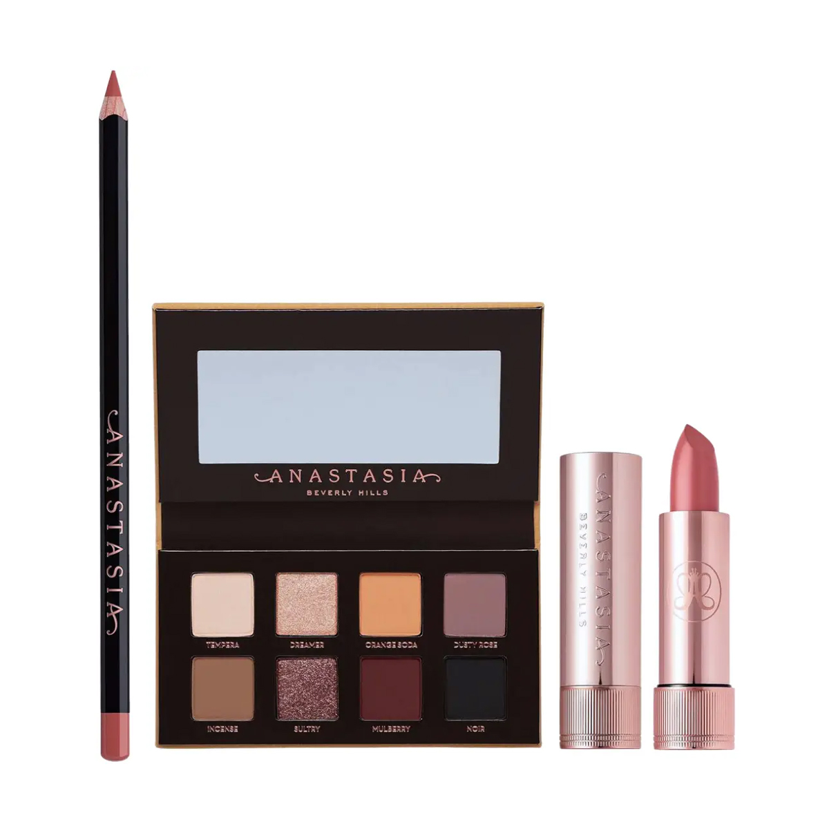 

Набір для макіяжу Anastasia Beverly Hills Mini Soft Glam Deluxe Trio (палетка тіней для повік, 6.4 г + помада для губ, 3 г + олівець для губ, 1.14 г)