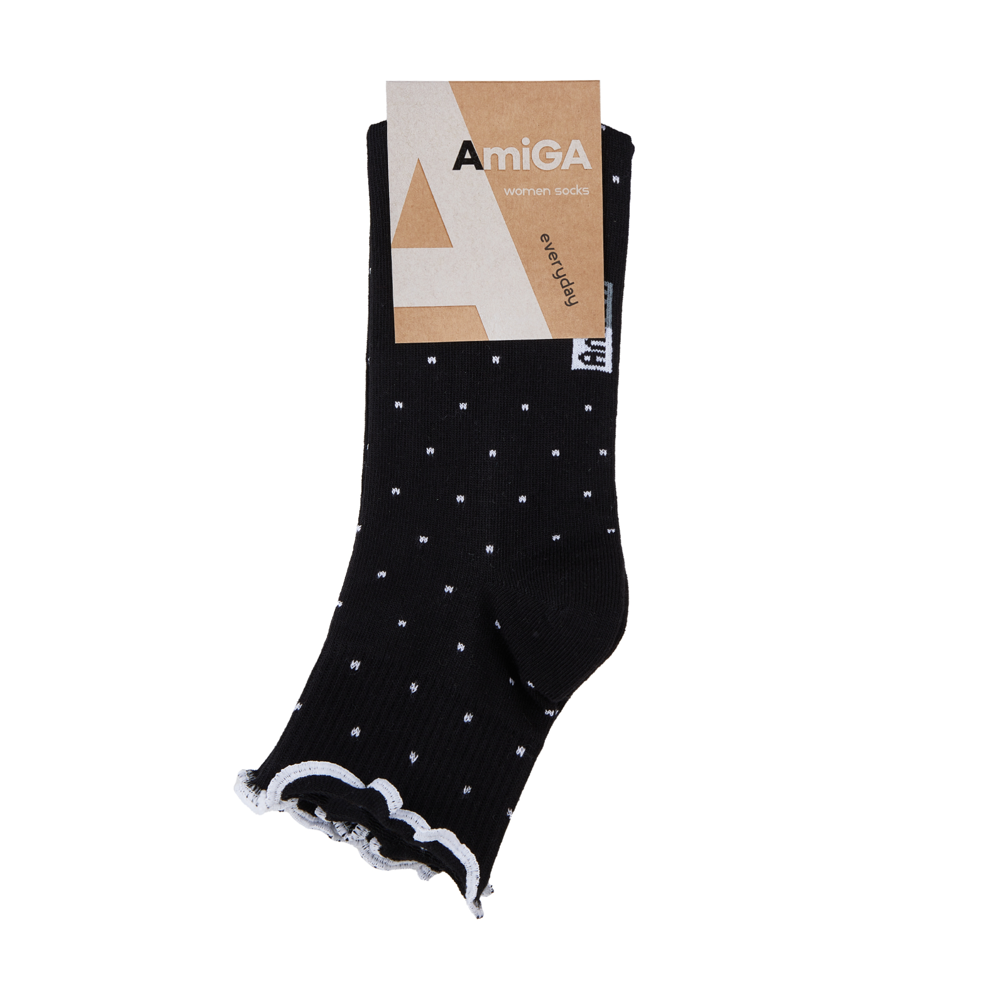 

Шкарпетки жіночі AmiGA з рюшами, чорні, горох, розмір 23-25